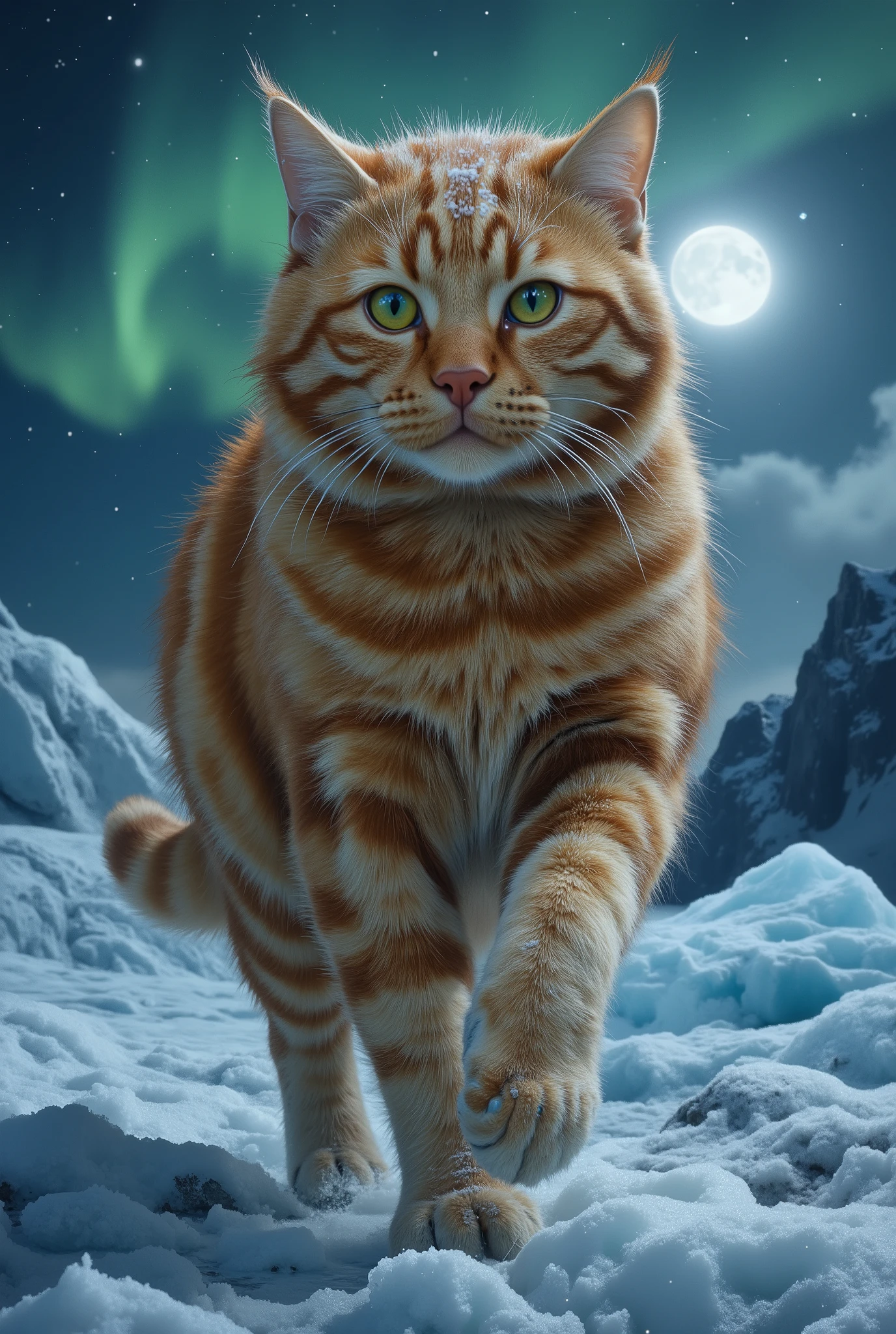 In the middle of the movement, the middle plan, a frosty blizzard night on a glacier, this magnificent red tabby cat is worth a look, the cat is walking on a huge crystal glacier, through snow and wind, his gait is soft and majestic, his fur - a soft, mobile substance that seems to shimmer in the cold moonlight, each strand of fur covered with frost has its own shade, creating a mosaic of texture and depth. The cat's eyes are large and expressive, deep emerald hue, his nose, dark and moist, twitches when he exhales frosty air with steam. absorbing the surrounding smells.. large, thin, sensitive ears are turned towards danger, blue veins are visible in the light, thick silvery vibrations form a luminous halo when the cat moves, its fur gently undulates, creating a chilling breeze, in general, this cat radiates mystery and charm, attracting you with its fluffiness, wild beauty, dynamic movement captured against the backdrop of an impressive crystal glacier, night sky, moonlight, northern lights, beast, low viewing angle, Dutch pose, accent light falling from front and back, digitally stylized art, surrealism and hyperdetalization, attention to the smallest details,