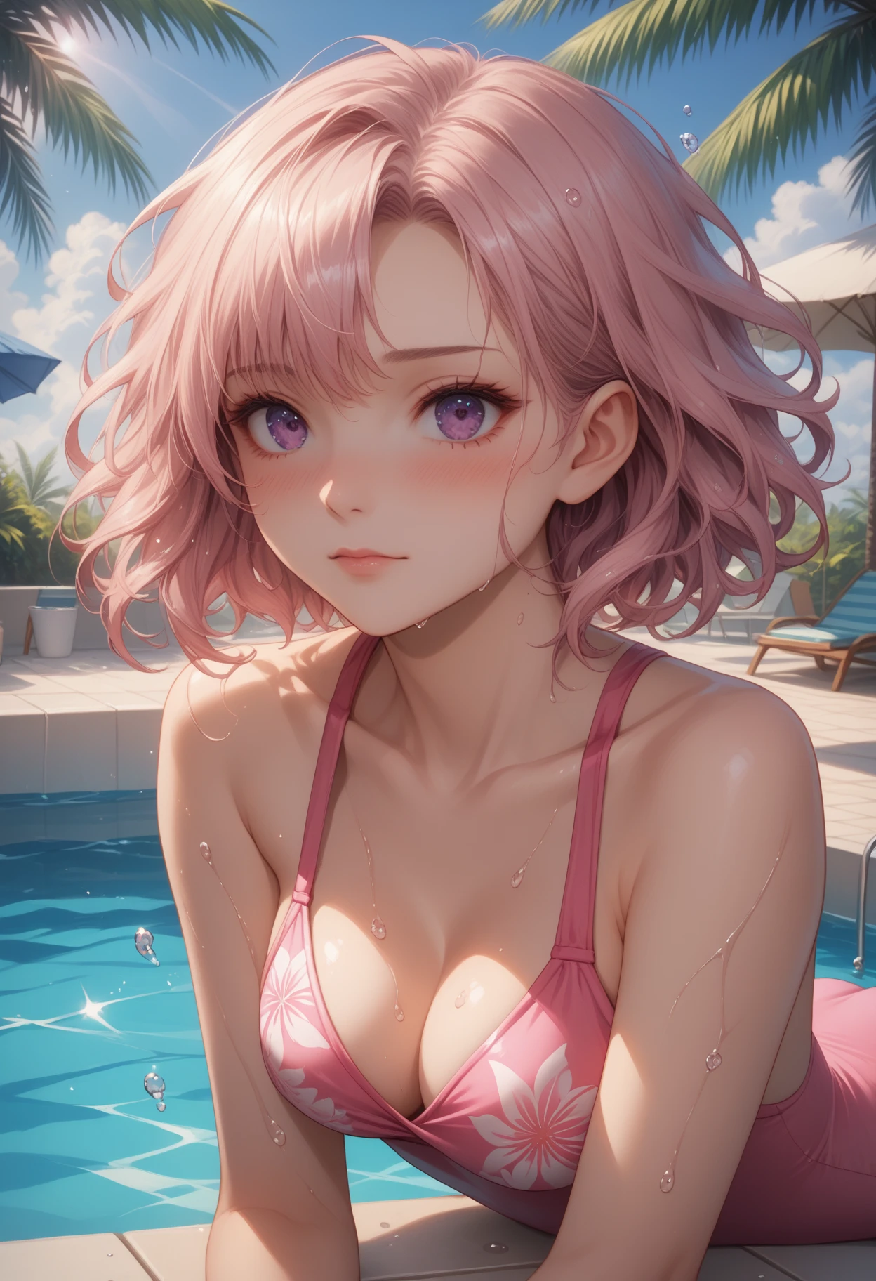 (Masterpiece, BestQuality:1.3), (ultra detailed:1.2), (hyperrealistic:1.3), (RAW photo:1.2), High detail RAW color photo, professional photograph, (Photorealistic:1.4), (realistic:1.4), professional lighting, perfect ???????, (???????????:1.2), (blush, detailed face), (cheerful Smile:1.5), Trending Hair&Trending Hairカラーをランダムに, earrings, necklace, bracelet, sexly, ?????? sexly, Random ???? gravure poses, (A pink-haired beauty in a ??????、She is smiling and posing ???? while enjoying a swim in the resort pool.。: 1.3)