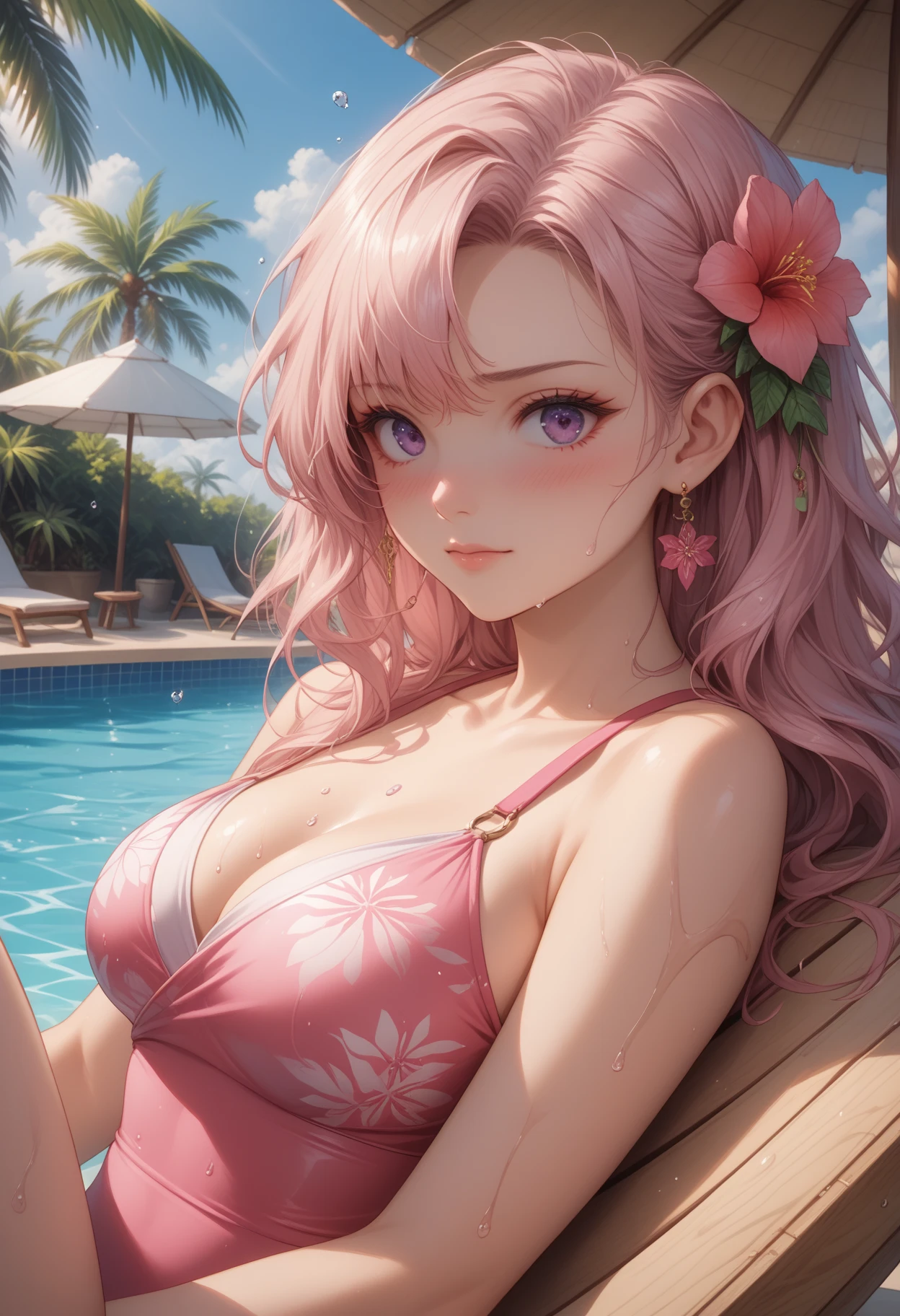 (Masterpiece, BestQuality:1.3), (ultra detailed:1.2), (hyperrealistic:1.3), (RAW photo:1.2), High detail RAW color photo, professional photograph, (Photorealistic:1.4), (realistic:1.4), professional lighting, perfect , (:1.2), (blush, detailed face), (cheerful Smile:1.5), (Pink Hair:1.5), Trending Hair&Trending Hairカラーをランダムに, earrings, necklace, bracelet, sexly,  sexly, Random  gravure poses, (A beautiful woman in a purple  top and denim shorts、Relax by the pool。A beaded bracelet is wrapped around her arm。: 1.3)