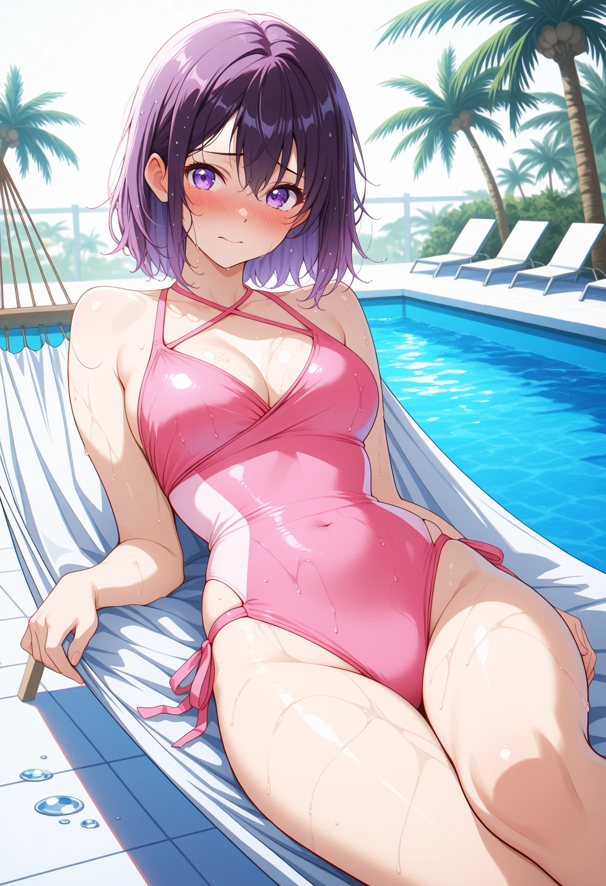 score_9, score_8_up, score_7_up, score_6_up, score_5_up, score_4_up, masterpiece, high quality, full body, 1girl,   <lora:Shinobu_Kocho_Pony:0.9> Shinobu_Kocho, butterfly_hairpiece, multicolored_hair, purple_hair, black_hair, , slender <lora:BikiniTanline:0.6> bathingsuittanline, tan lines, , bathing suit,