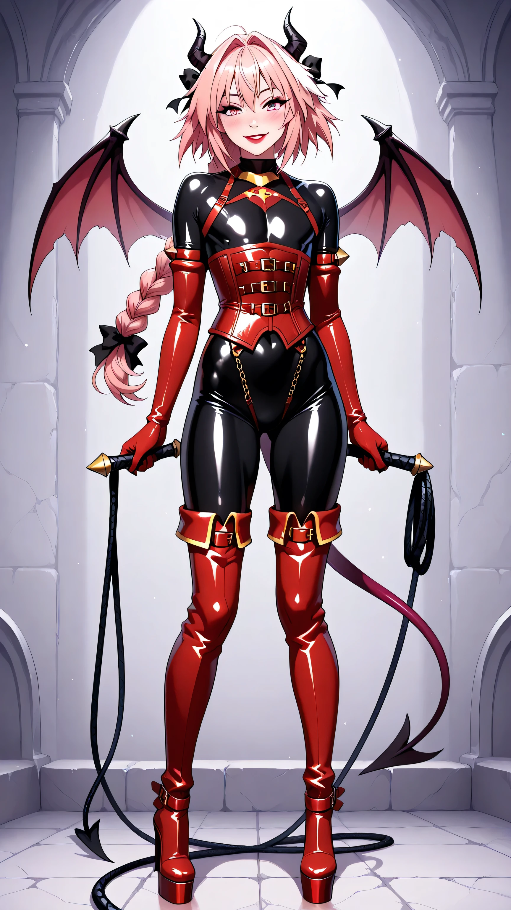astolfo, long hair, pink eyes, hair ribbon, pink hair, braid, ahoge, white hair, male focus, multicolored hair, streaked hair, single braid, otoko no ko, long braid, red corset, chains on hands and feet, whip in hands, red latex long gloves, black latex bodysuit, wcsuccubus, horns, wings, pointy ears, demon girl,  demon tail,, 1girl, solo, red high heels BOOTS, thigh-high boots, 8 inch heels,  platform boots, red lipstick, eyelashes, makeup,  glossy lips, masterpiece, dakimakura, high resolution, blush,  looking at viewer, standing up, masterpiece, best quality, high quality facial features, perfect eyes,  facing directly, 4k , 8k , high resolution, shown fully in frame, Perfect body woman, Well proportionated Symmetrical body, hip dips, full body shown, voluptuous body,  blue eyeshadown, horny, smiling, 