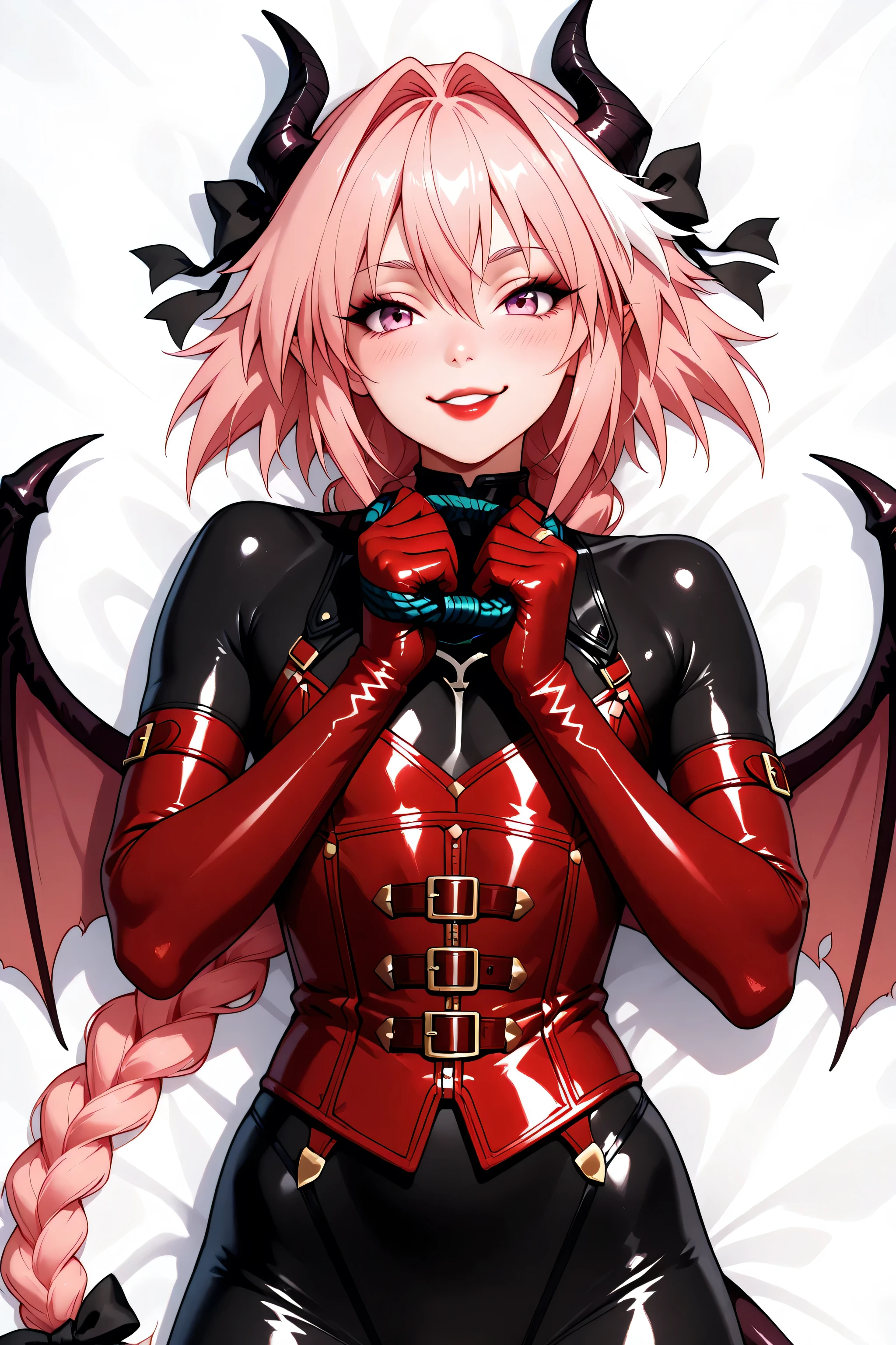 astolfo, long hair, pink eyes, hair ribbon, pink hair, braid, ahoge, white hair, male focus, multicolored hair, streaked hair, single braid, otoko no ko, long braid, red corset, chains on hands , whip in hands, red latex long gloves, black latex bodysuit, wcsuccubus, horns, wings, pointy ears, demon girl,  demon tail,, 1girl, solo,  red lipstick, eyelashes, makeup,  glossy lips, masterpiece, dakimakura, high resolution, blush,  looking at viewer,  masterpiece, best quality, high quality facial features, perfect eyes,  facing directly, 4k , 8k , high resolution,  Perfect body woman, Well proportionated Symmetrical body, hip dips, voluptuous body,  blue eyeshadown, horny, smiling, 