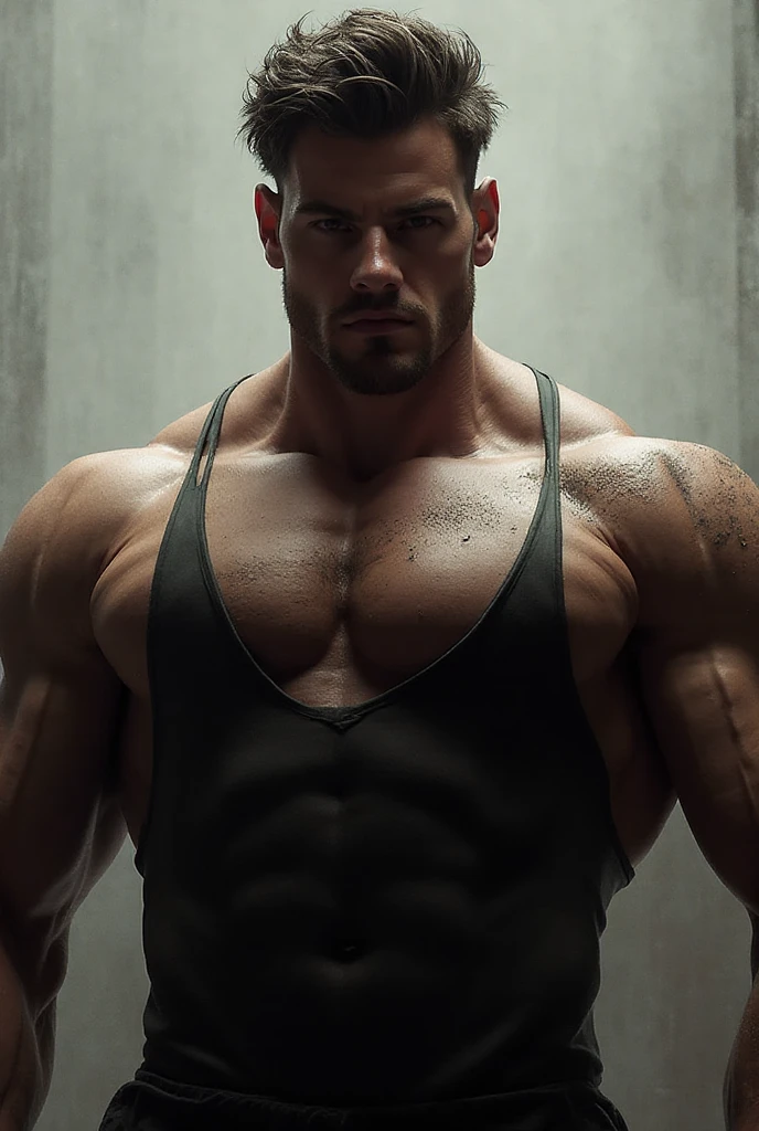 1boy, solo,  hair,24 yrs old, , male focus,  , pectorals, bara, muscular, mature male, muscular male, abs, beard, , short hair, navel, stomach, large pectorals, thick eyebrows,  pectorals, fair-skinned male, , thighs,  under clothes, chav hood, fair skin, , hood, grey tracksuit, pectoral cleavage, cowboy shot, feet out of frame, thick thighs, looking at viewer, masterpiece, 4k, high quality, highres, absurdres,