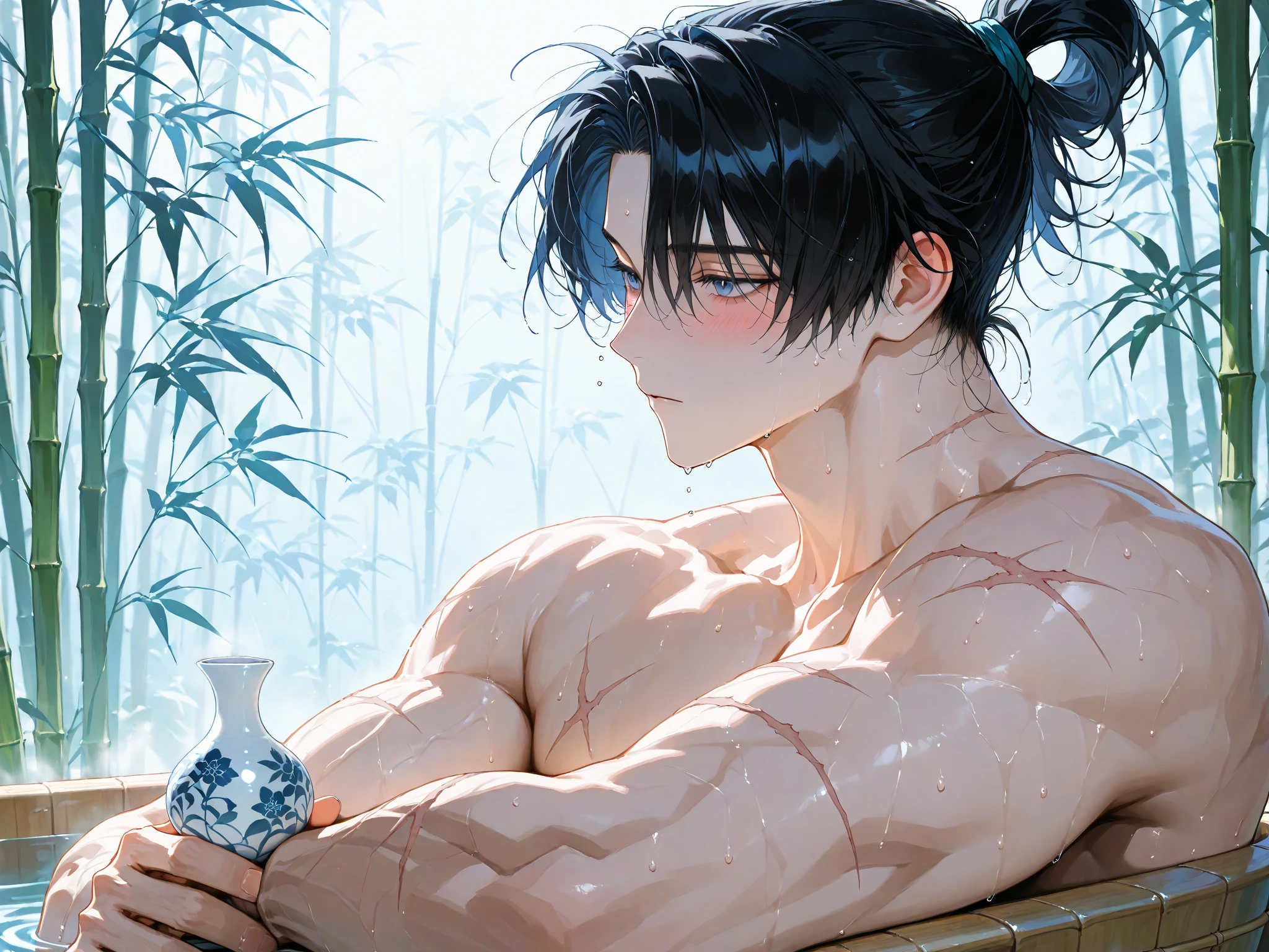 masterpiece,best quality,high quality,extremely detailed,(male austere handsome one solo adult age 30 years old:1.5),(purple eyes, cool with suspended eyes), body strong and fearless 8.5 head tall and 185cm tall,(well-groomed black hair short hair to neck:1.4), (bangs parted in thirds:1.4), (pectoral and rectus abdominis:1.3), slender nose,  muscles, (saltwater pants:1.3), (hand on neck:1.3), (scowling smile:1.3), (taking a dip:1.3), (stylish pose), (background summer waterfall and forest:1.3), (blue sky)