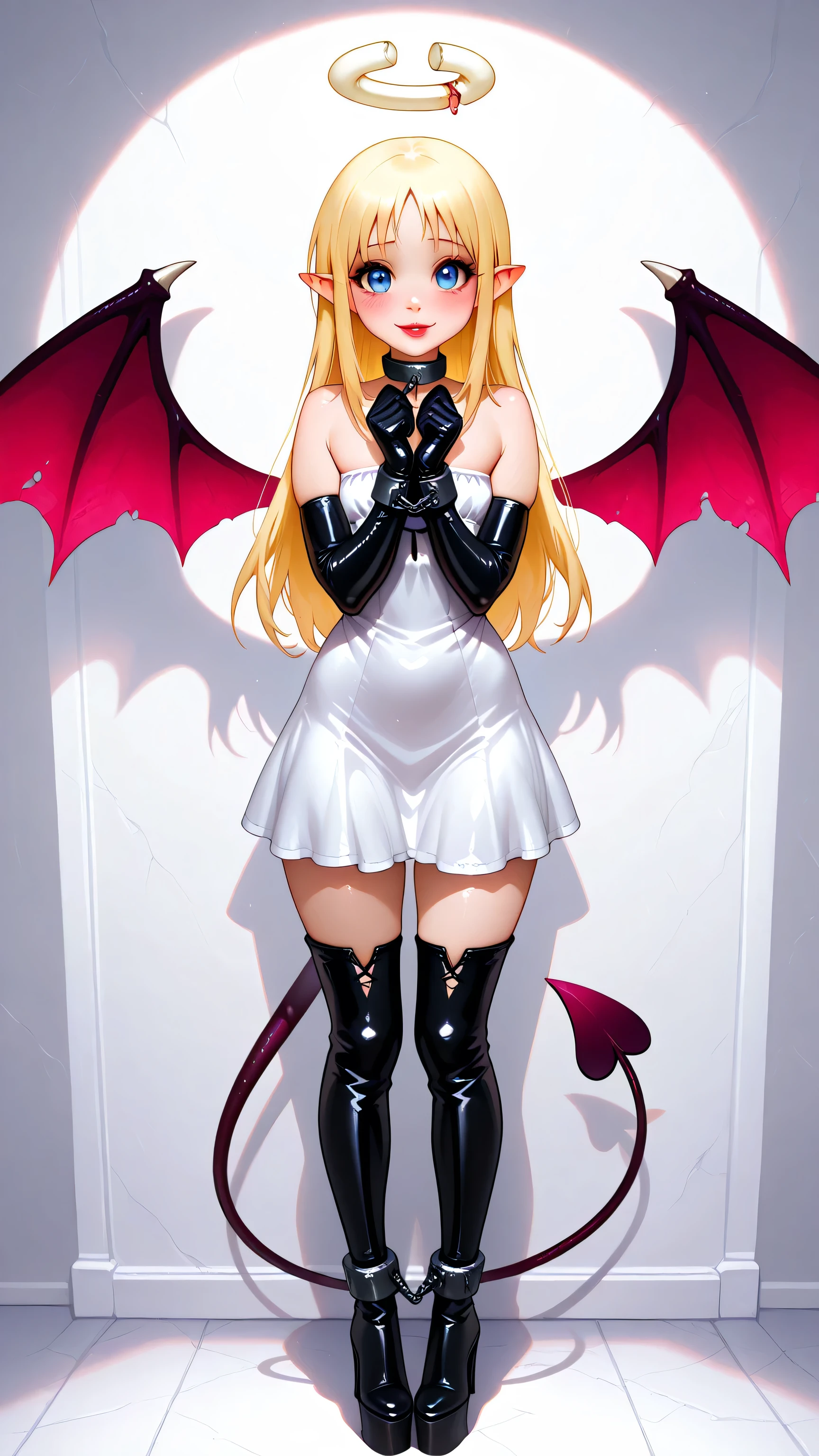 blue eyes, blonde hair, long hair, angel, halo, wings, white latex dress, strapless, bare shoulders, crimvael \(interspecies reviewers\),  otoko no ko,  chains on hands and feet, hands tied up infront of body, feet chained together, BDSM, black latex long gloves, black latex bodysuit, wcsuccubus, horns, wings, one demon wing and one angel wing, pointy ears, demon girl,  demon tail, 1girl, solo, black high heels BOOTS, thigh-high boots, 8 inch heels,  platform boots, red lipstick, eyelashes, makeup,  glossy lips, masterpiece, dakimakura, high resolution, blush,  looking at viewer, standing up, masterpiece, best quality, high quality facial features, perfect eyes,  facing directly, 4k , 8k , high resolution, shown fully in frame, Perfect body woman, Well proportionated Symmetrical body, hip dips, full body shown, voluptuous body,  blue eyeshadown, horny, smiling, 
