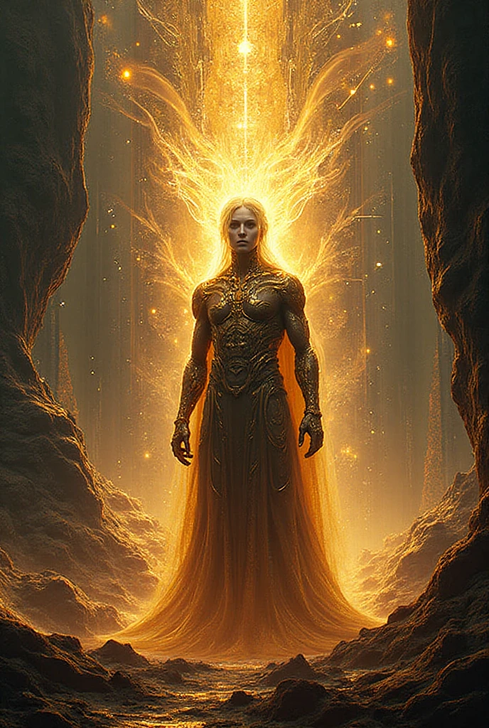 Make a magical being, king of the kingdom of light, with a strong beam of light in place of its head 