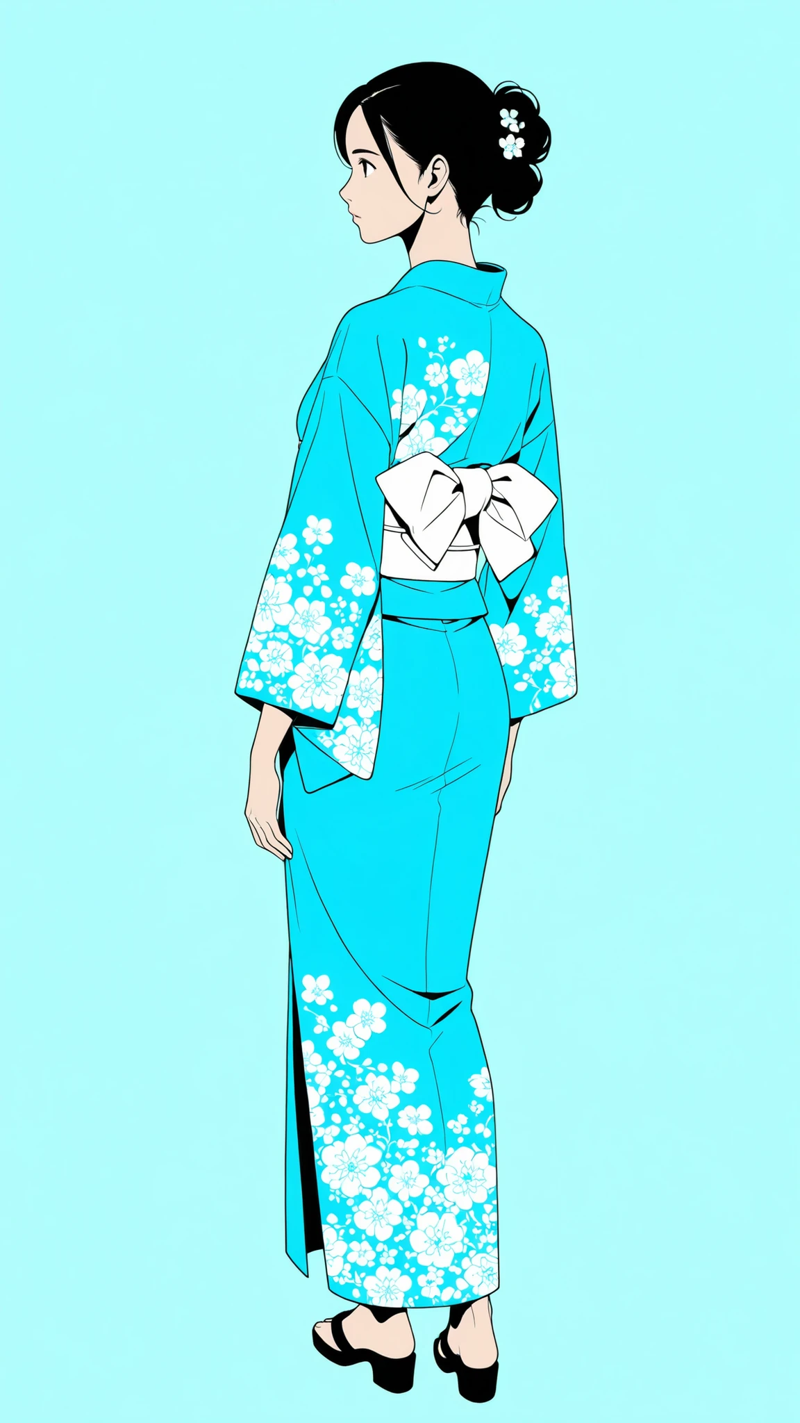 Flat design, Vector art, solid color, no shading, minimal illustration, clean lineart:1.3, high-resolution, solid color background, full body shot,
Japanese woman in blue Kimono, turning back, (looking over shoulder), profile view,