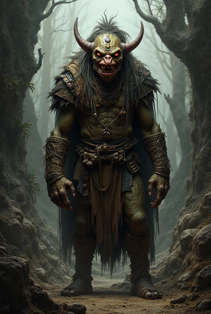 (medium full shot) of (brutal orc) young,   shaman, wearing Painted face, woven tunic, feathered shoulder pads, hide boots, charm bracelets, holding wielding bone wand, set in the orcish lands, in  Underground tunnel network, narrow and winding, supported by wooden beams, leading deeper into the cave system, covered in spider webs  , at night, ,Masterpiece,best quality, raw photo, realistic, very aesthetic