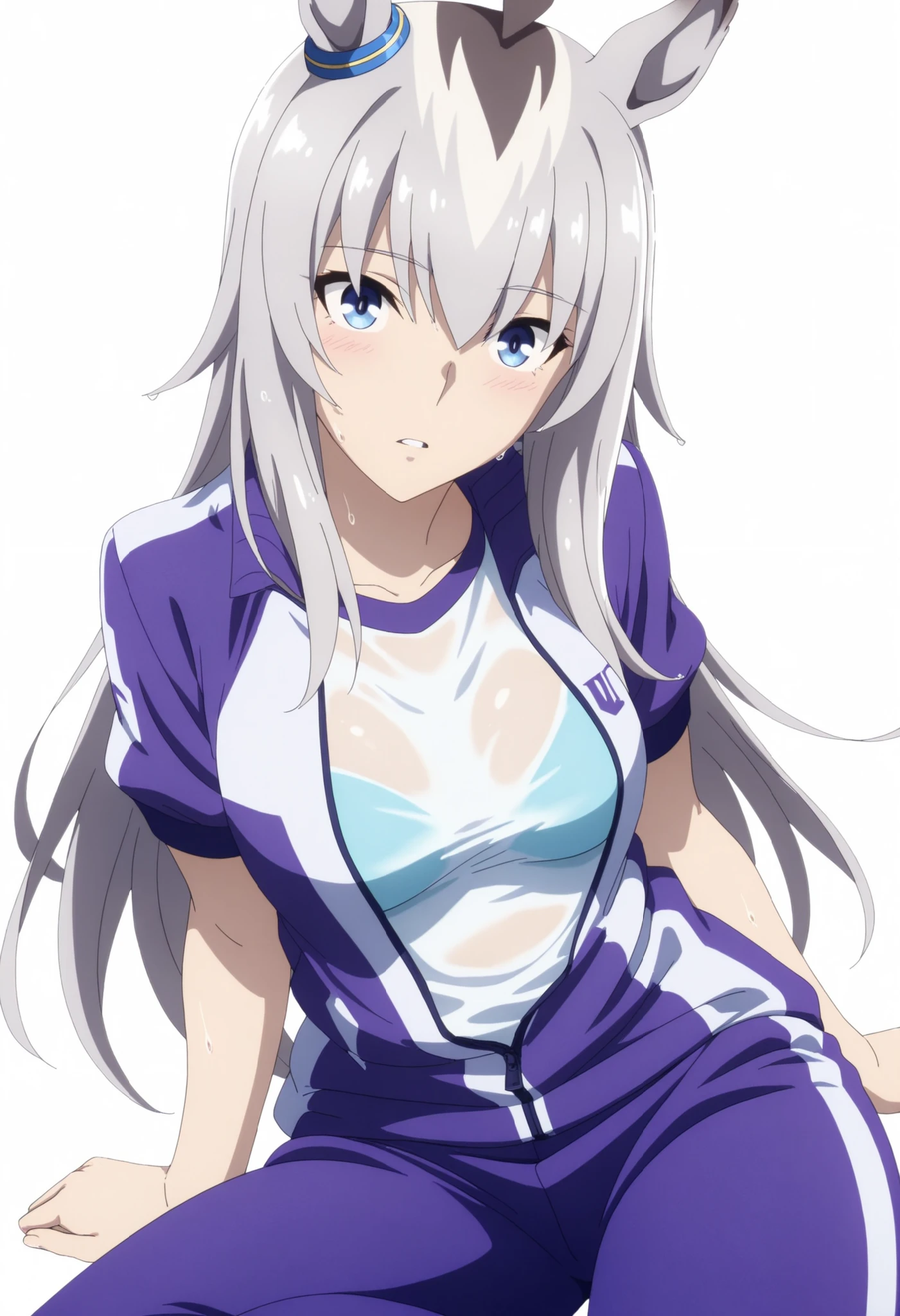 Oguri,,Uma Musume, cowboy shot, traditional media, light embarrassed, covering private,((dutch angle)),from above,
high quality , Highest Quality , masterpiece, high resolution , detailed face( Lola: Oguri),anatomically accurate, detailed hair(Lola: Oguri) ,Detailed Bang(Lola: Oguri),Anime Coloring Book, anime screencap, anime coloring, wet hair,
solo, 1 Girl, , LONG HAIR, Horse Years,(white hair), stupid hair, horsetail, Blue Eyes, (hair over eyes),(wispy bangs:1.5),((tsurime:1.2)), Coloured Hair, (detailed hair),light surprised, wide-eyed,
open jersey ,under T white shirt, purple Jersey pants, long pants, thighs, ((aged up:1.2)),(medium breasts), (pale skin), ,
looking at viewer, head tilt, , (white background, simple background),
parted lips, (sitting, yokozuwari), (see-through bra:0.8),,