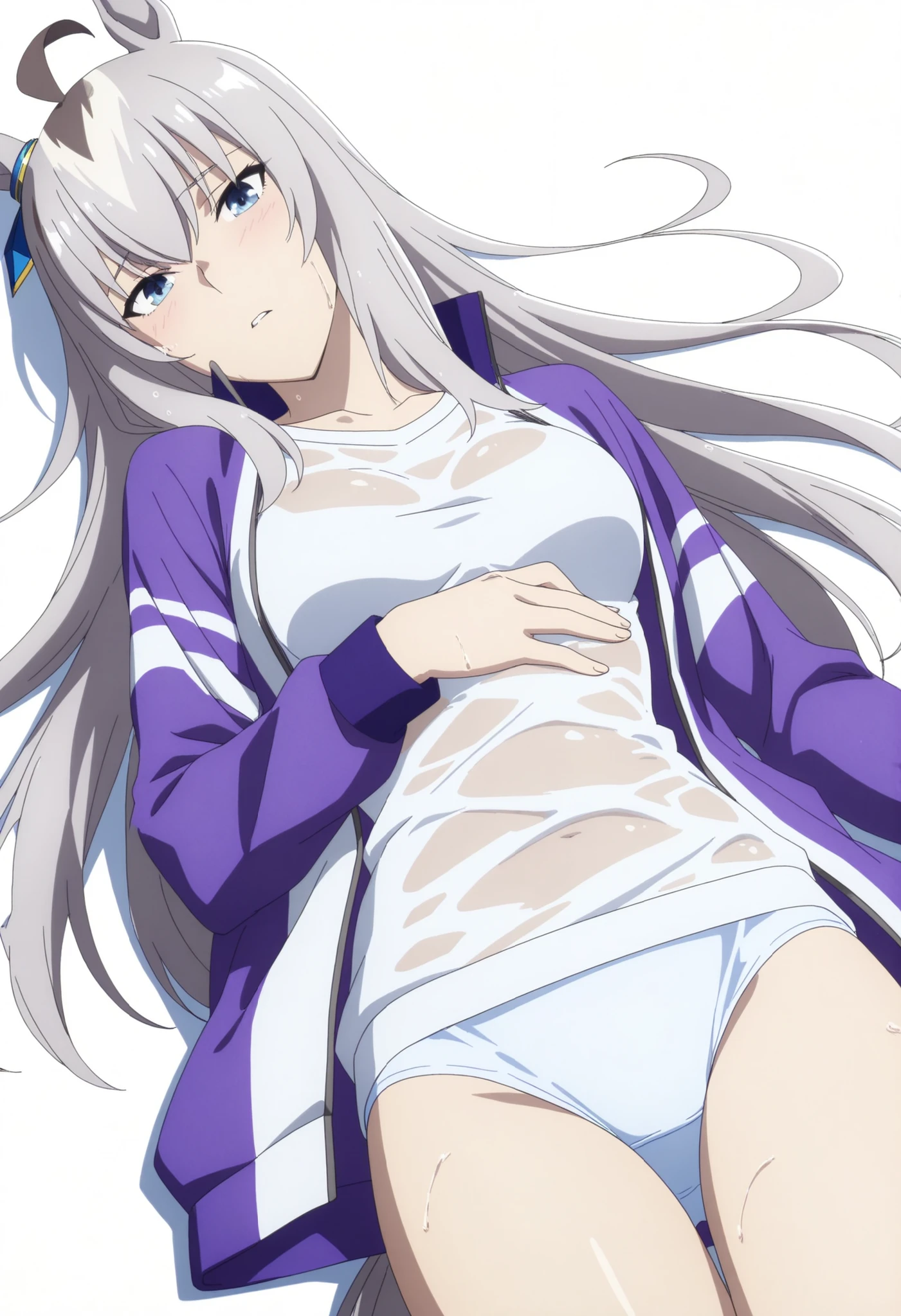 Oguri,,Uma Musume, cowboy shot, traditional media, light embarrassed, covering private,((dutch angle)),from above,
high quality , Highest Quality , masterpiece, high resolution , detailed face( Lola: Oguri),anatomically accurate, detailed hair(Lola: Oguri) ,Detailed Bang(Lola: Oguri),Anime Coloring Book, anime screencap, anime coloring, wet hair,
solo, 1 Girl, , LONG HAIR, Horse Years,(white hair), stupid hair, horsetail, Blue Eyes, (hair over eyes),(wispy bangs:1.5),((tsurime:1.2)), Coloured Hair, (detailed hair),
(purple jersey, front open jersey ,white T shirt), white panties, , thighs, ((aged up:1.2)),(medium breasts), (pale skin),head down ,
looking down, head tilt, , (white background, simple background),
parted lips, (on back), (see-through underwear:0.9),