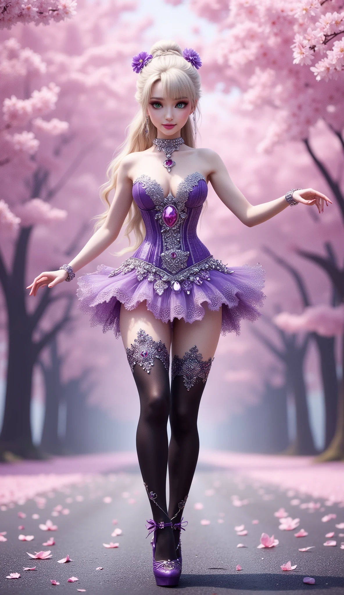 A young woman with fair skin and long, wavy blonde hair dances on the asphalt in a vibrant cherry blossom forest. Her hair is styled in a bun adorned with purple flower clips, and she wears an elaborate, strapless, V-cut purple corset with intricate silver embellishments, highlighting her large, round, and veined breasts. Her matching, sparkling, lacy miniskirt and black thigh-high stockings feature beautiful metallic designs and are studded with red and clear gems. She also wears strappy high heels. She accessorizes with a delicate silver necklace featuring a large purple pendant, matching earrings, and a choker. Her face is framed by soft makeup, emphasizing her large, expressive green eyes and full, pink lips. The background is a dreamy wash of pink and purple, with cherry blossoms blooming on the trees and scattered across the light pink ground, creating a magical and ethereal atmosphere.