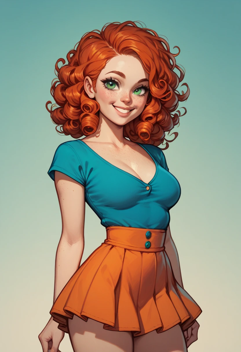 a cartoon drawing of a woman with red hair and blue dress, inspired by Lois van Baarle, comic pinup style, cartoon artstyle, artgerm and lois van baarle, pinup, succubus in sundress portrait, pinup art, sultry smirk, girl pinup, commission for high res, pinup girl, with curly red hair, cartoon art style
