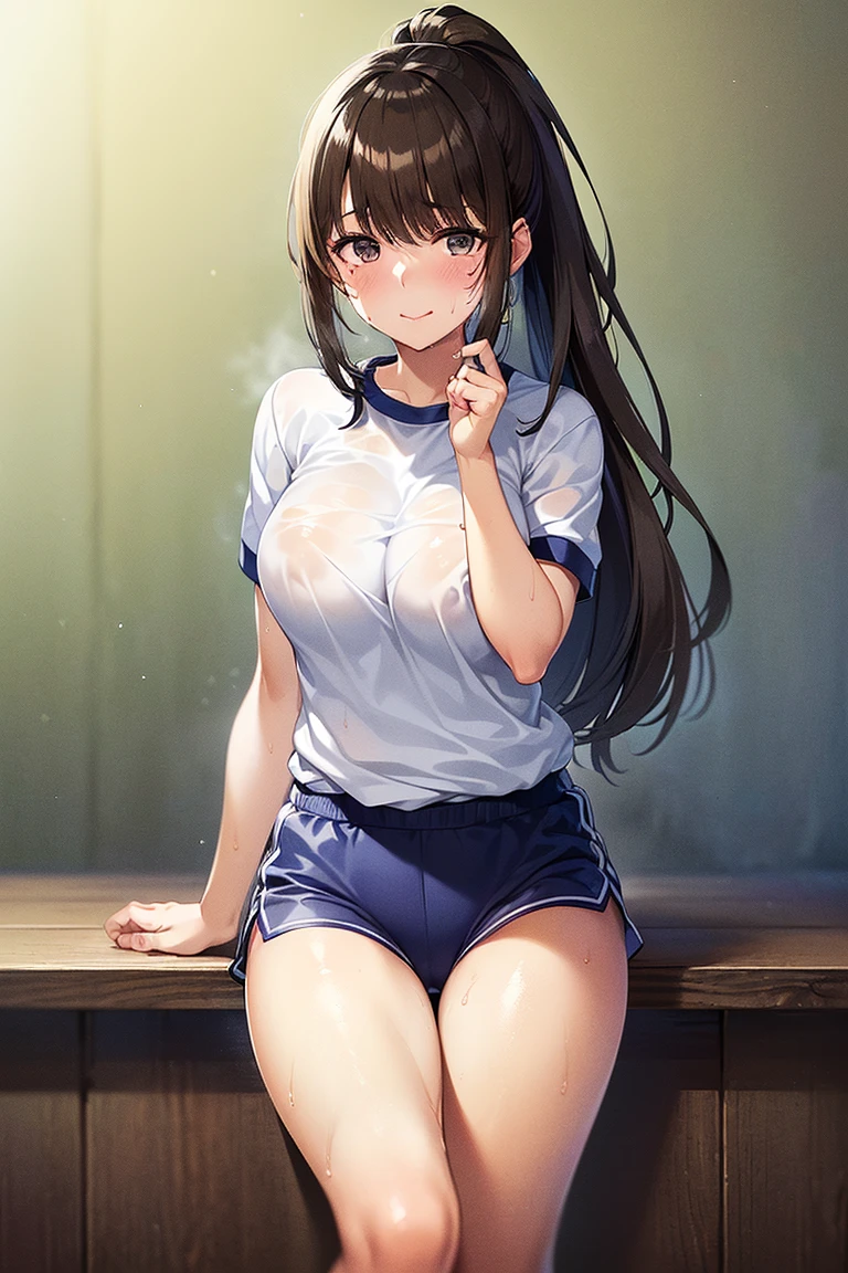 (((masterpiece, Highest quality:1.5,absurdres))),,ass pov,having clothed ,30 year old beauty,(dark blue hair),((very small head:1.2)),long hair,bangs,dark blue eyes,gorgeous eyes,blush、,medium breasts,((very long body:1.3)),((toned body,slender body)),skinny,(((tan skin:1.2))),gleaming skin,shiny skin,sweat,((White turtleneck knitwear、Long sleeve、Underboob、navel、Beige shorts、Wet crotch、)),White sneakers、(, ),sitting、on back,,:1.2,table、Coffee shop、Tokyo、