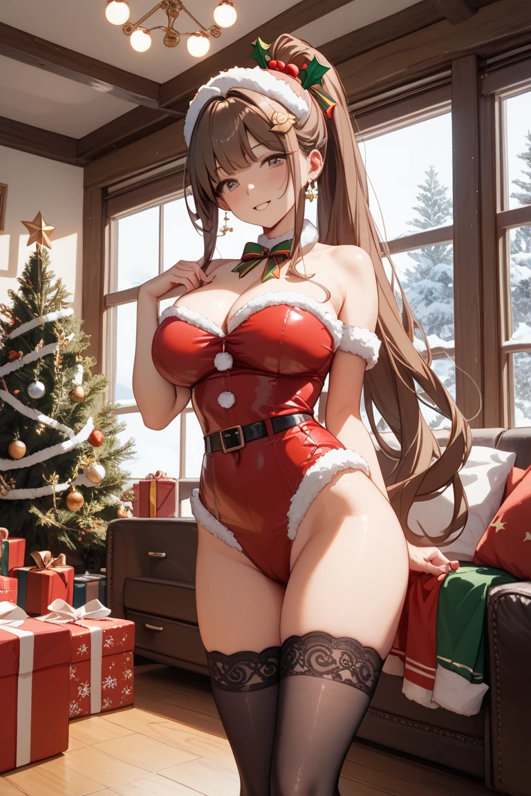 top-quality、Full limbs、complete fingers、Slender beauty、straight haired、Brown hair、short-hair、Beautiful Large Breasts、(Detailed ultra-oily shiny skin:1.1)、oily shiny thighhigh、Santa Claus Costume、red santa claus leotard、White High Socks、Santa Claus hat、wearing a santa claus cloak、Christmas、Naughty Poses、Street Trees、Winter scene、illuminations、A big smile、Gift box