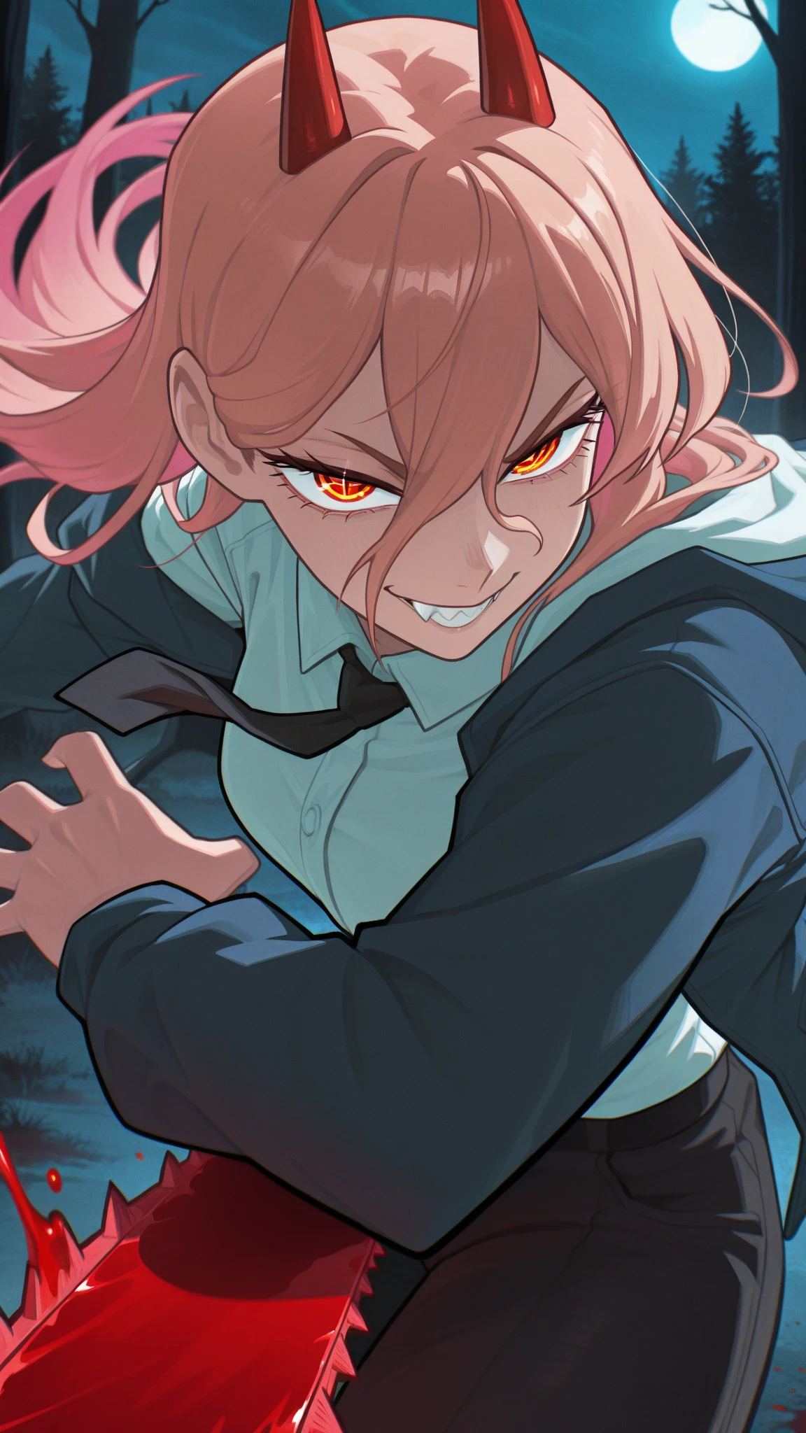 1girl, female focus, boku no hero academia, masterpiece, best quality, very aesthetic, cowboy shot, , gray jacket, red tie, white shirt, teal skirt, gray tights, boots, long curly hair, vivid orange hair, dark pink eyes, smirk