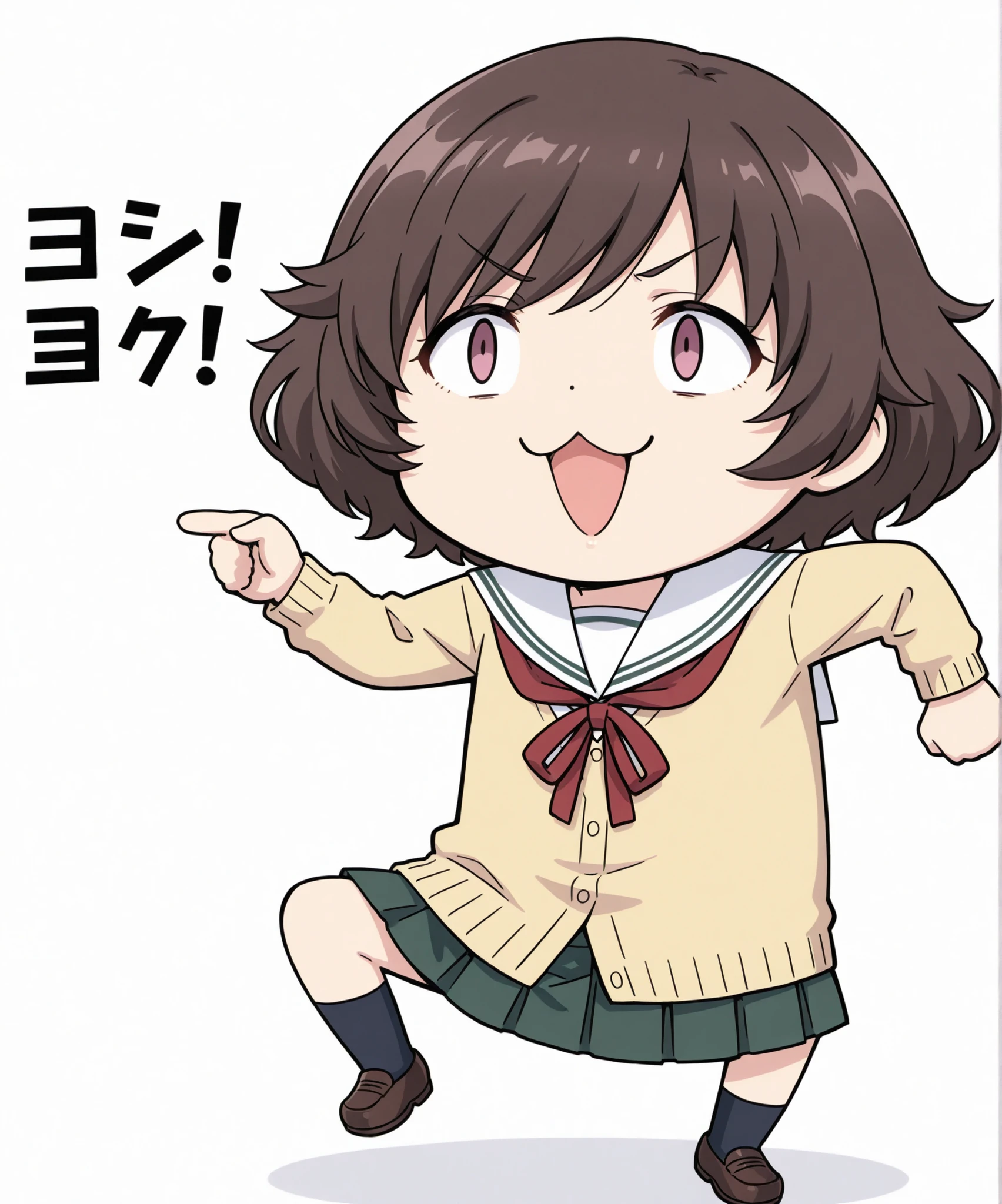 masterpiece,best quality,,highres,very aesthetic,high quality,detailed,insanely detailed,beautiful,perfect lighting,very awa,
1girl,solo,
genba_neko,chibi,pointing,standing on one leg,:3,open mouth,meme,parody,
Yukari akiyama,school Uniform ,brown short hair ,
simple background,white background,full body,