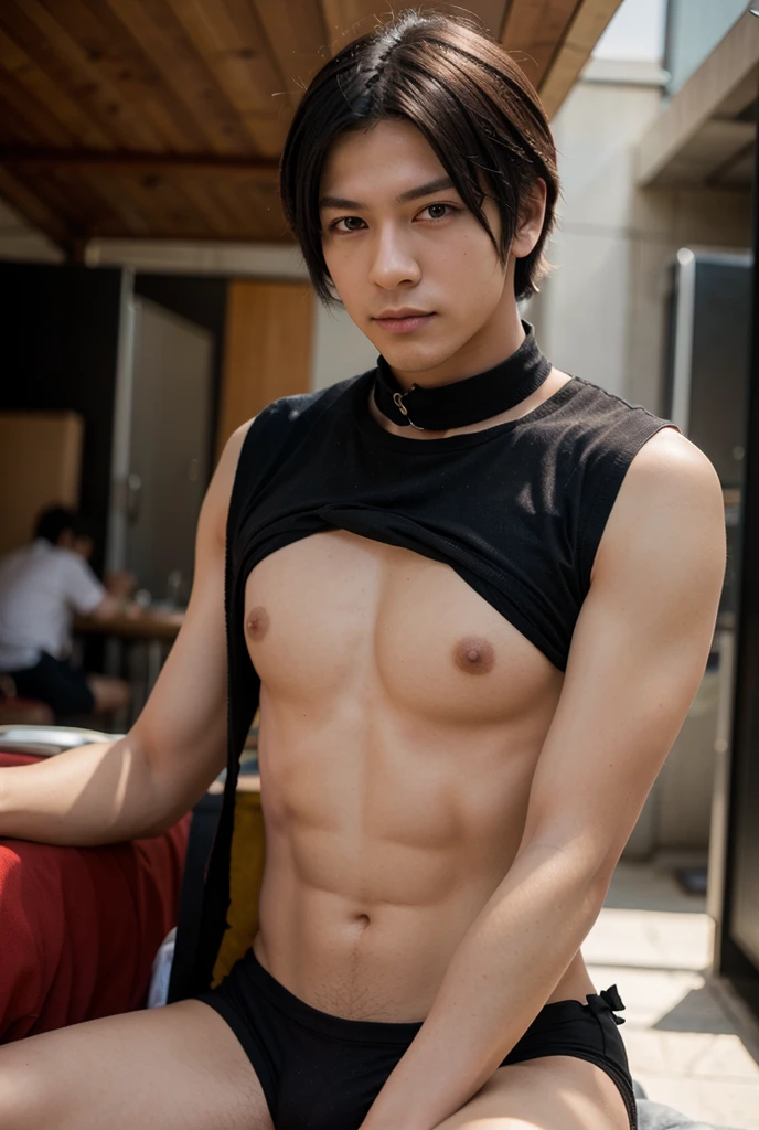 high quality, detailed, 15 years old  japanese idol boy, detailed brown eyes,(ripped abs:1.5), (shiny skin:1.5), (black short hair:1.4,(black tiny ?????:1.4),:1.5), dark cave, (collar),