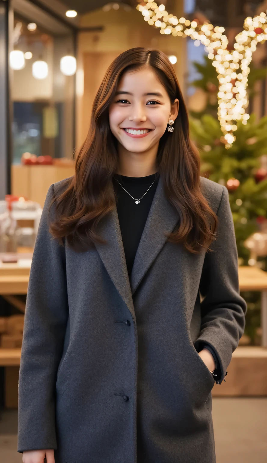 (high quality, high resolution, masterpiece, 8K, detailed:1.2), (photorealistic, RAW photo, clear photo), Japanese starlet, pretty and beautiful woman, 20 years old, (ulster coat, dark gray coat:1.3), (tight skirt, side zipped skirt, short boots:1.2), (earrings, necklace), ((medium breasts)), perfect proportions, perfect skin, realistic textured skin, happy expression, smile, light make-up, pale pink lip, thin eyebrows, (detailed hair, long wavy hair, dark brown hair), standing front from illuminated christmas trees, christmas market in New York, ((warm indirect illumination)), outdoor, happy holidays