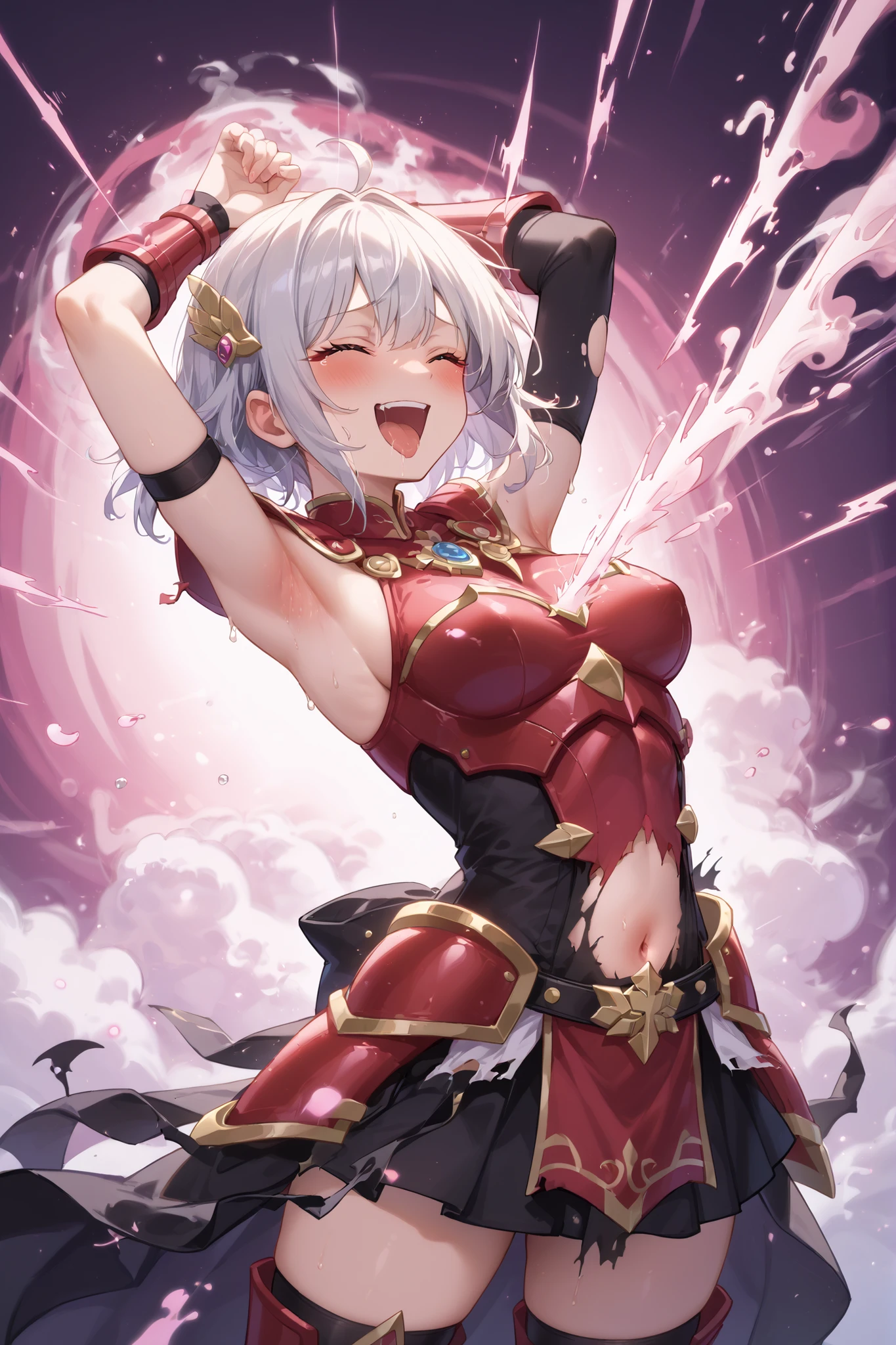 low angle、 in detail、top quality、Dynamically、Girl with short silver hair、girl's hand crucified on the ground、Five fingers、The bangs are divided at :Divided into 3 positions、The girl is 25 years old 、dark eyes、closed eyes,Female Knight、Red Armor、sleeveless、Belly button、broken armor,the clothes are torn、Her right nipple is visible 、Clothes have become slime、gold trim、Cool appearance、Rin々A good appearance、the girl is laughing、She laughs with her mouth wide open、the girl is climax、Ahe face、arched back,defeat、armpits visible、Wearing pink energy、Magic is exploding in girls、Magical pink beam from the girl's front、the pink beam hits the girl's stomach、the beam hits the side、The beam hits the chest、Magical Restraint、pink openai beam、ACMEBEAM、tickling beam、ticklish、tickling armpits,beam tickling