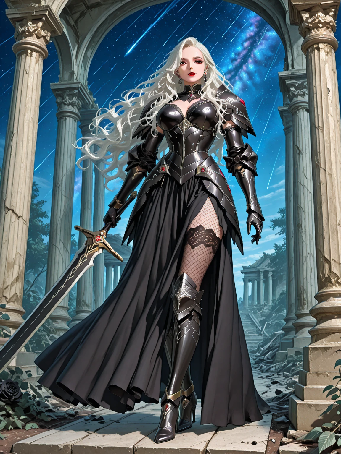  vampire young sword set in the earth magnificent silver handle with precious stone young girl woman chessboard on the ground medieval castle in the background --auto --s2