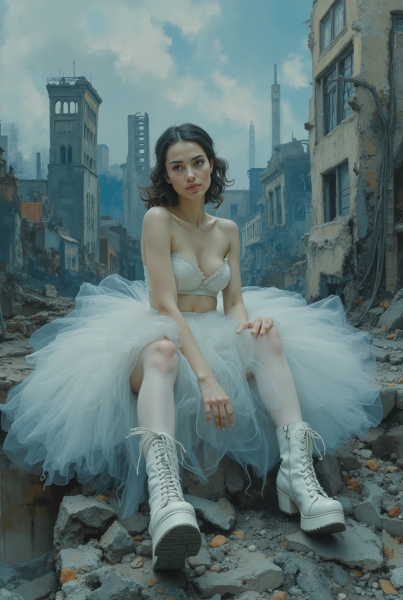 oil painting. The end of World. The digital illustration shows a beautyfull woman. She's wearing a white tutu white pantyhose and white platform boots. She is sitting on the ruins of destroyed building with legs down. She has evening makeup and a hairstyle. It is wide angle shot from top. The background is a mix of abstract and urban elements, with a cool color palette dominated by shades of blue and gray. The overall style of the game is very detailed and dynamic, with an emphasis on strong and confident character behavior. Surreal digital graphics.
