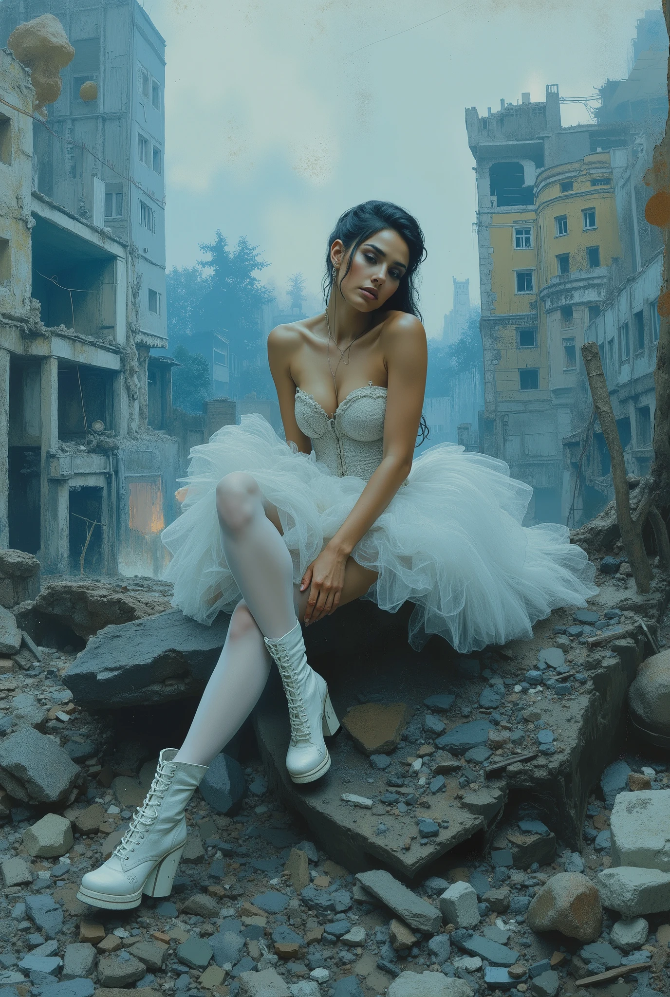 oil painting. The end of World. The digital illustration shows a beautyfull woman. She's wearing a white tutu white pantyhose and white platform boots. She is sitting on the ruins of destroyed building with legs down. She has evening makeup and a hairstyle. It is wide angle shot from top. The background is a mix of abstract and urban elements, with a cool color palette dominated by shades of blue and gray. The overall style of the game is very detailed and dynamic, with an emphasis on strong and confident character behavior. Surreal digital graphics.