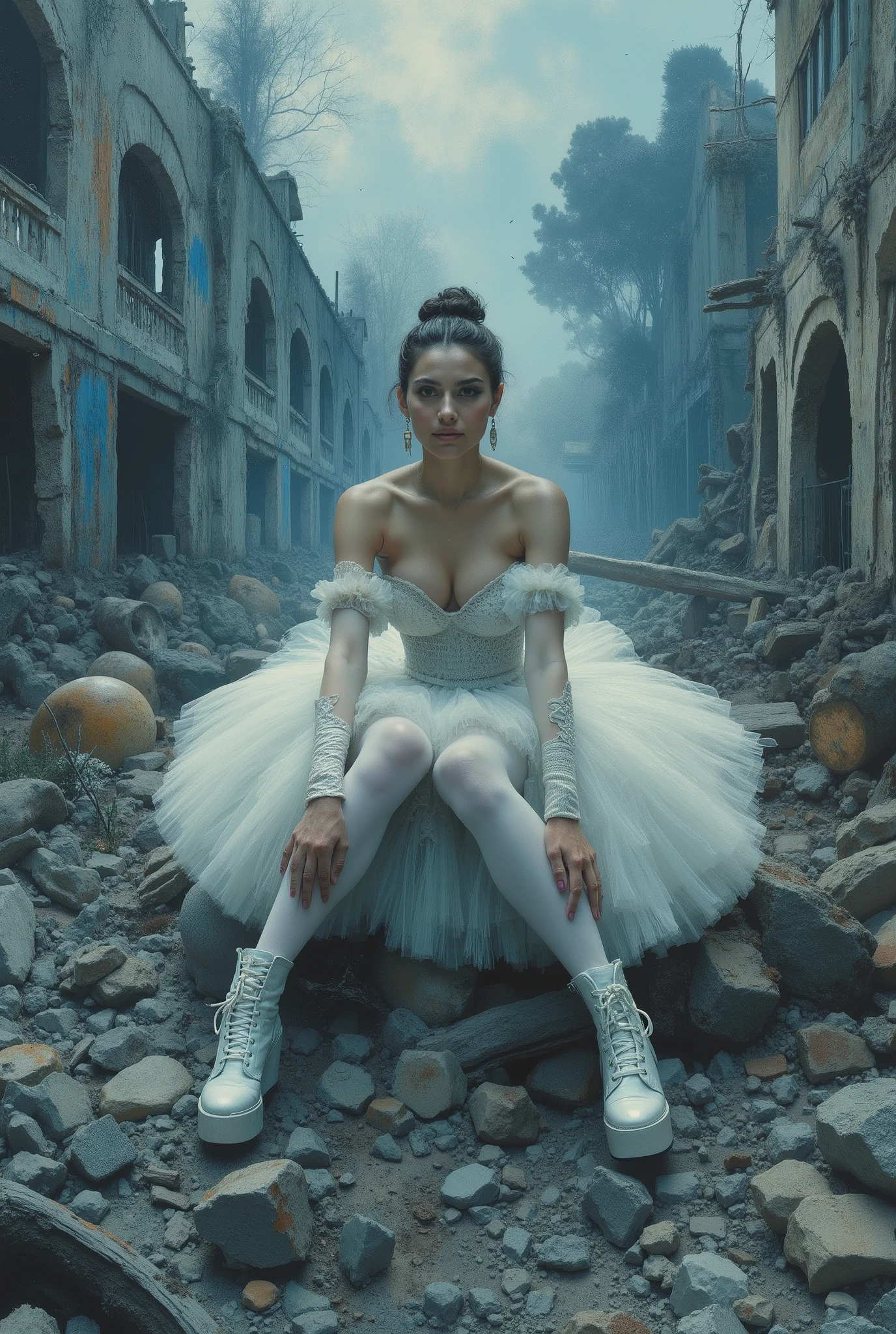 oil painting. The end of World. The digital illustration shows a beautyfull woman. She's wearing a white tutu white pantyhose and white platform boots. She is sitting on the ruins of destroyed building with legs down. She has evening makeup and a hairstyle. It is wide angle shot from top. The background is a mix of abstract and urban elements, with a cool color palette dominated by shades of blue and gray. The overall style of the game is very detailed and dynamic, with an emphasis on strong and confident character behavior. Surreal digital graphics.