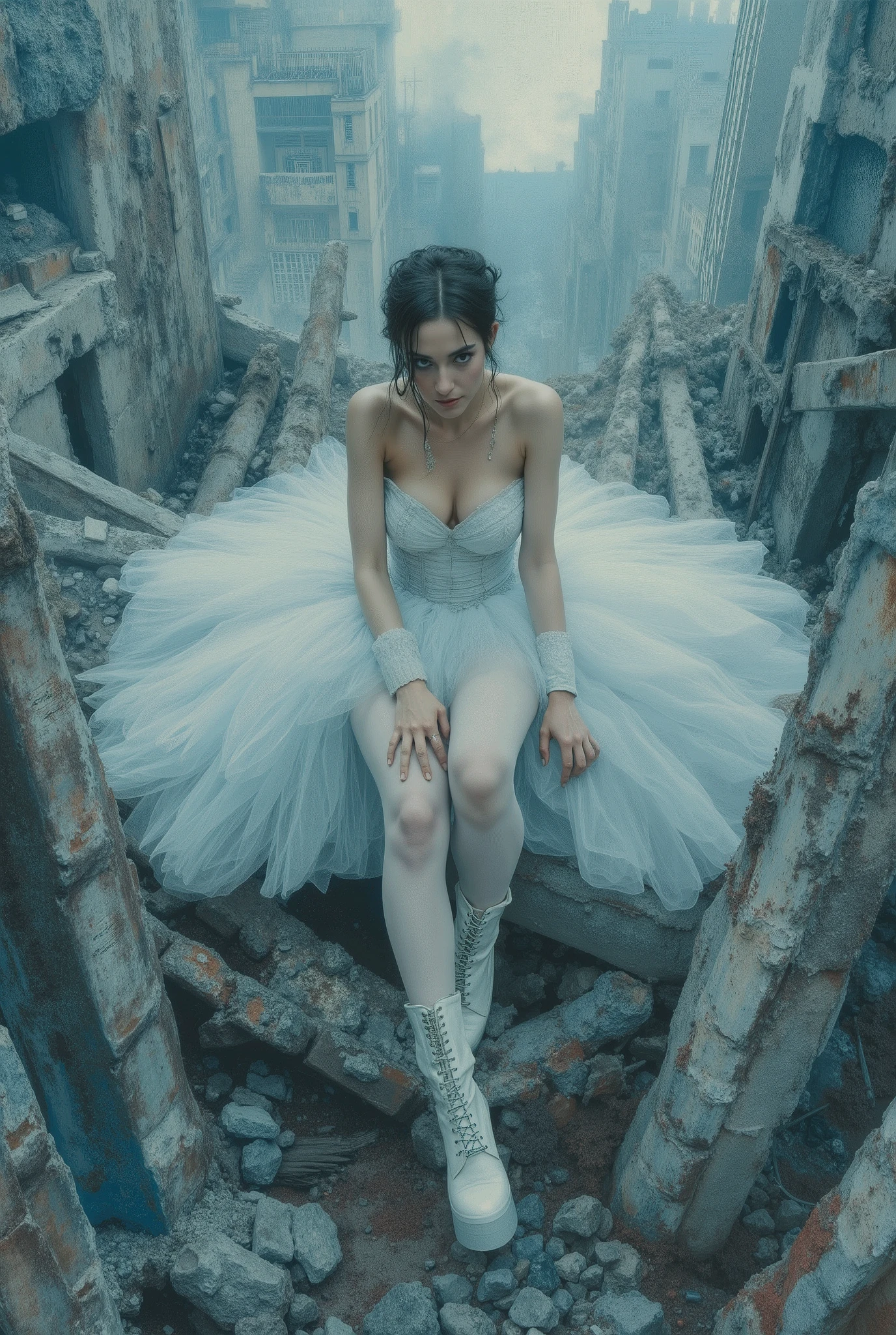 oil painting. The end of World. The digital illustration shows a beautyfull woman. She's wearing a white tutu white pantyhose and white platform boots. She is sitting on the ruins of destroyed building with legs down. She has evening makeup and a hairstyle. It is wide angle shot from top. The background is a mix of abstract and urban elements, with a cool color palette dominated by shades of blue and gray. The overall style of the game is very detailed and dynamic, with an emphasis on strong and confident character behavior. Surreal digital graphics.