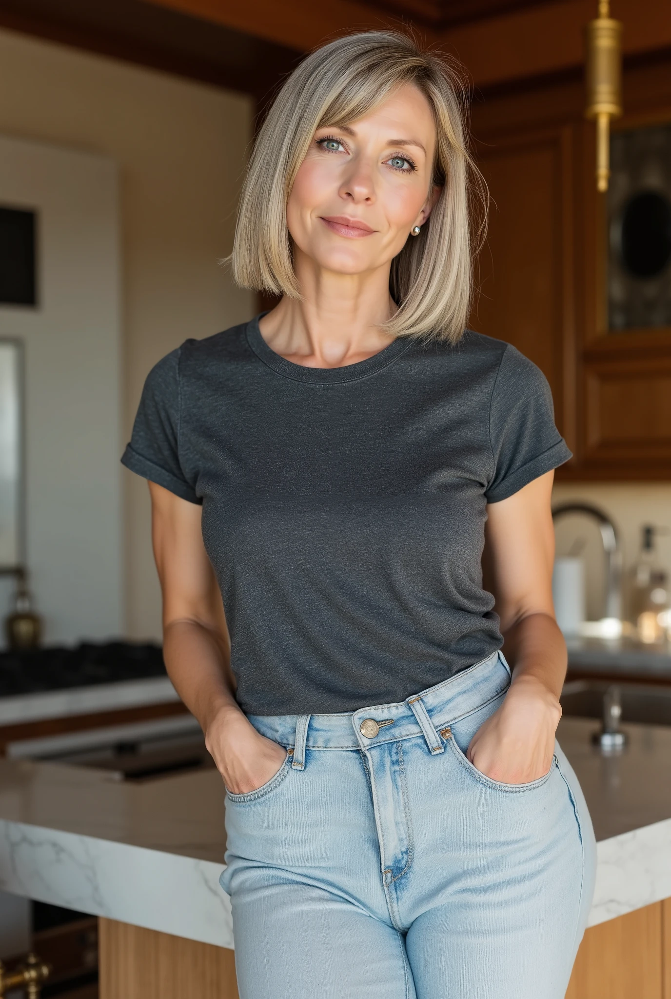 Commanding lifestyle portrait of a 60-year-old woman embracing youthful fashion with champagne grey blunt cut bob and deep side-swept bangs partially covering one eye, thin face with expressive blue eyes showing depth and character, natural aging with distinguished crow's feet, wearing an age-defying fitted faded dark grey t-shirt with cap sleeves, tucked neatly into light-washed skinny tight flared jeans that accentuate her figure, black boots completing the contemporary look, posed confidently against a marble kitchen island with hip slightly cocked, morning sunlight filtering through windows creating dimensional lighting, photorealistic style capturing the bold contrast between her mature features and trendy clothing choices, warm-toned kitchen interior with wooden elements and brass accents, professional photography with shallow depth of field, 85mm lens, f/2.0 aperture