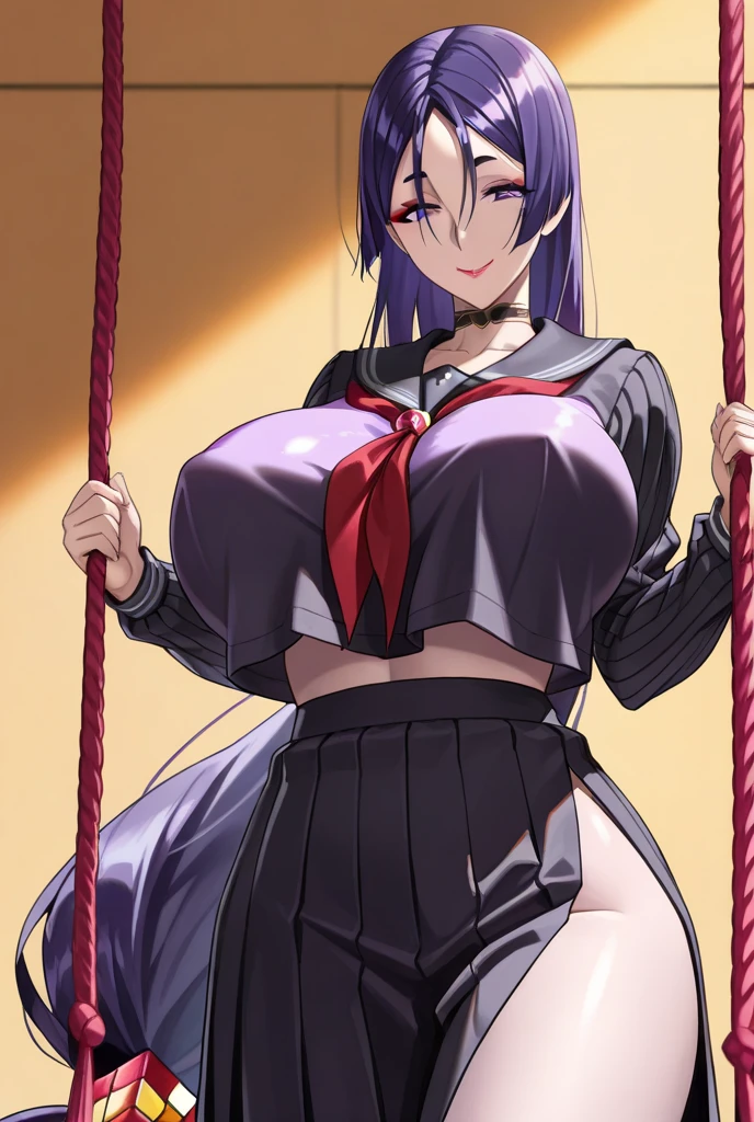 stumble, 1 girl, Jacket, uniform, blazer, shirt, red_tie, pink_skirt, (table top, highest quality), High resolution, break ((1 girl)), alone, red面, ((((Hanging with a rope)))), ((tied up with a rope)), (((it hurts))), (((close one eye))), red面, sacred, anger, (((from below))), ((big breasts)), surreal, Extremely detailed, detailed face, extremely detailed texture, (shiny hair:1.05), (shiny skin:0.97), (Big eyes:0.95), thick thighs, wide hips, thigh high socks, stumble_Udon beans_Inaba, Bunny ears, light purple hair, red Eyes, long hair, ((blazer)), pink pleated skirt, Crescent Badge, School uniform, ((shibari)), ((((((The rope is wrapped around the body many times)))))), wrapped in rope, ((((bondage)))), ((Rope bondage)), ((((hands tied behind)))), ((((turn your arms behind your back)))), concrete floor, concrete wall, basementで, basement,