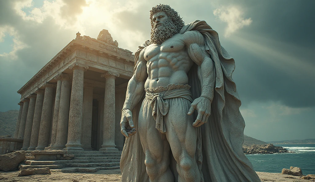 An image of a muscular ancient Greek man, resembling Marcus Aurelius, standing in a classical contrapposto pose, with one hand resting on his chin, deep in thought, with the Parthenon in the background. (1024x720px, 16:9 aspect ratio) with ancient greek hairstyle and angient greek god beard hair colour white beard colour white age 50 

