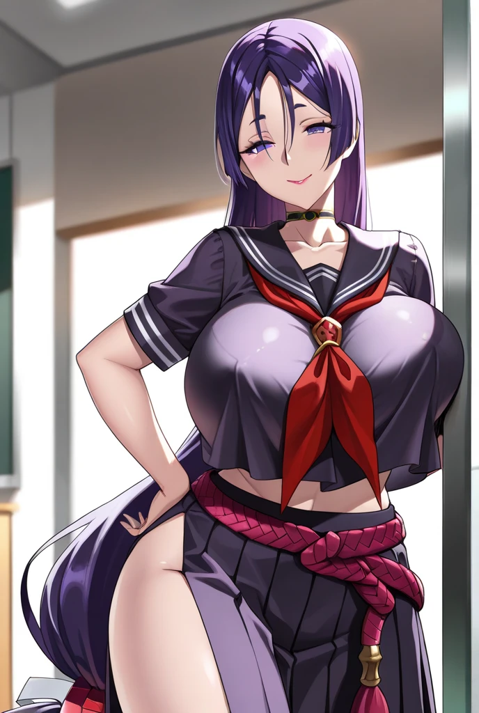 score_9, score_8_up, score_7_up, BREAK source_anime, 1girl, solo, indoors, classroom, cowboy shot, standing, looking at viewer, shiny skin, raikou, purple eyes, purple hair, absurdly long hair, low tied long hair, parted bangs, school uniform, black shirt, short sleeves, sleeves rolled up, midriff, black serafuku, red neckerchief, choker, black skirt, pleated skirt, side slit, long skirt, shirt overhang, from below, underboob, between breasts, pelvic curtain, side-tie bikini bottom