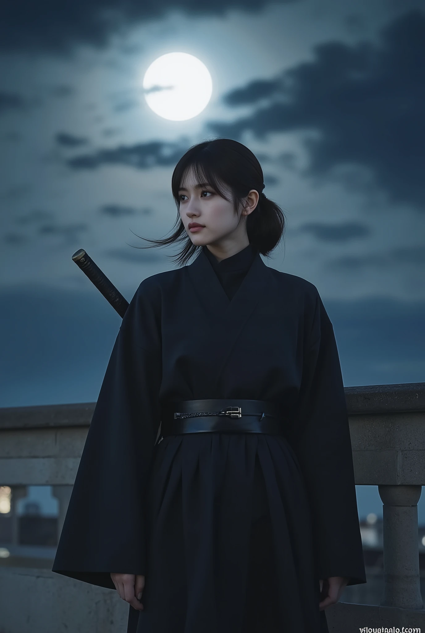 masterpiece:1.8、best quality、日本people女性、美people、１people、slender:1.6、Outstanding Style、Realistic、dark haired、Small Faces、High Resolution、Precise Focus、(Beautiful Face)、nsfw、Japanese ninja、Black Costume、Kunoichi、big boobs、Moonlit Night、Big Full Moon、Sneak into the Enemy's Mansion、Lurking on the roof、carrying a ninja sword、Black Head Scarf