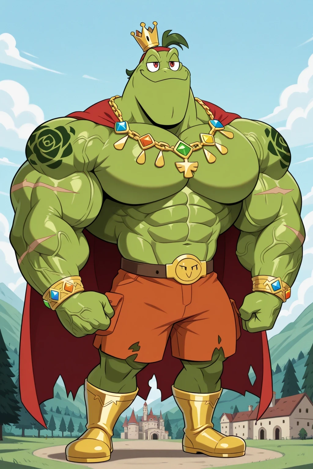 A green giant cartoon 2d frog king, gigantic chin, biggest muscular body, ginomous biceps enormous pectorals, detailed abs, golden armor with colorful jewels, golden bracelets with colorful jewels, golden necklaces with colorful jewels, golden chest with colorful jewels, golden wrestler champions belt with colorful jewels, Red headband. Red mask. Golden wrist tape with colorful jewels. Golden elbow pads with colorful jewels, Golden kneepads with colorful jewels, ripped orange shorts, tattoos and scars, veins, bigger cartoon yellow frog eyes, red eyes, green skin, golden king crown with colorful jewels, saturaded green skin, big frog feets, golden boots with colorful jewels, wearing a ripped very long red cape, powerful smile expression, feral, smug, dark green eyebrows, dark green very short hair with a good attractive hairstyle, gigantic attractive chin, sharp teeths, castle and village background, trees, blue sky and clouds background, full body, macro size, giant size, 50-foot size, 100-feet tall, big powerful muscles, veins, rose and fire tattoos, very saturaded colors palette, fairytale fantasy scene, jack and the beanstalk story.