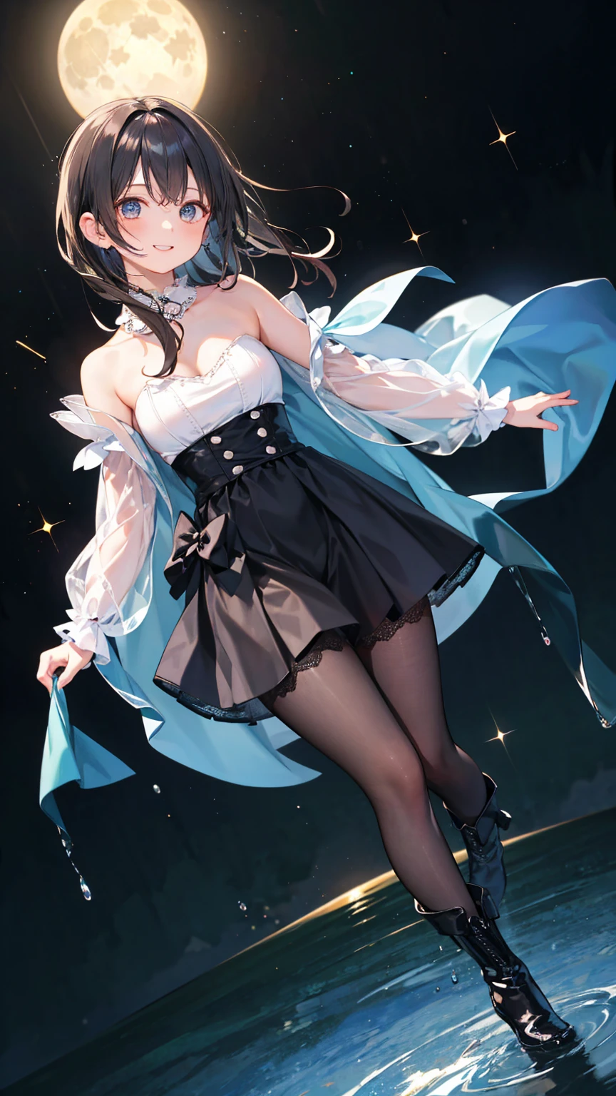 ((Highest quality)), ((masterpiece)), ((Very detailed)), (Very mature),A cute, gentle-looking female high school student with black hair and a height of about 165cm.，A female high school student with a cute smile and small  wearing a  blue waifus with a cute patterned hood and  shoulders, A woman with a slightly long, round face and a gentle appearance.，Small Faced Woman，alone, Cute attitude,(background(bright)，Long Hair - Straight，Knee-high socks、A  blue veil with a cute pattern and white hood with off-the-shoulder sleeves，White wall、Sitting、Facing the viewer、縁に模様がある壁が1面のbackground