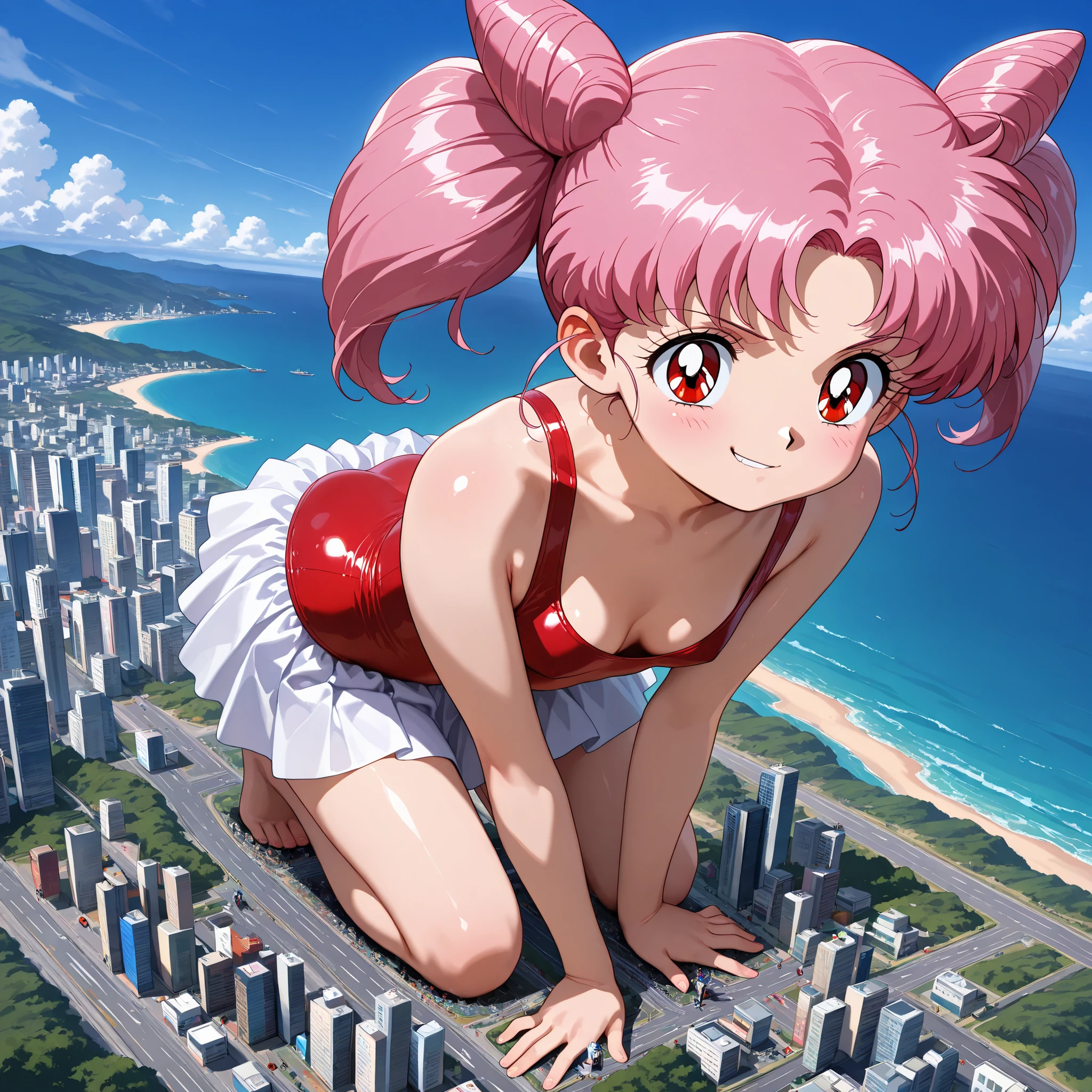 masterpiece, amazing quality, best quality, ultra-detailed, 8K, illustration, ultra-detailed-eyes, soft skin, very awa, very as2, soft body, 1990s \(style\), official art, focused, chibi ,aacusa, short hair, pink hair, cone hair bun, twintails, red eyes, flat breasts, giantess, macro, landscape, city, cleavage, 1girl, solo, red swimsuit,white skirt, one-piece,ocean, smirk, full body