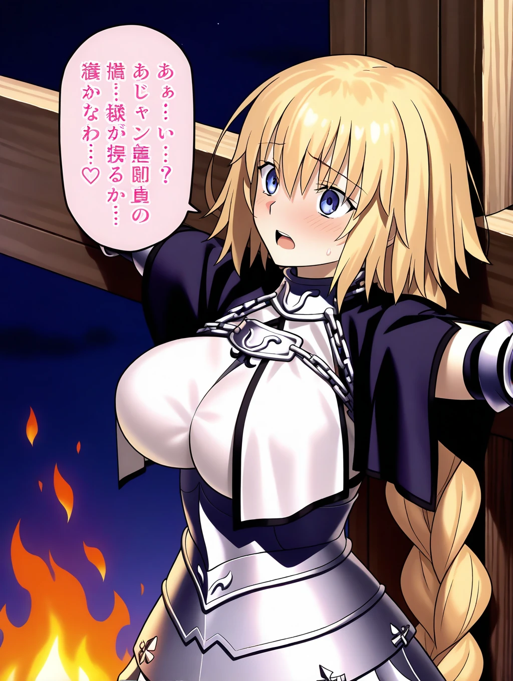 masterpiece, best quality, amazing quality, very aesthetic, absurdres, newest, scenery, 1girl, solo, huge breasts, exhausted, embarrassed, wink, blush, open mouth, <lora:Saber illustxl:1> artoria pendragon (fate), saber (fate), blonde hair, green eyes, ahoge, hair ribbon, blue ribbon, short hair, sidelocks, hair bow, blue bow, ponytail, white choker, bare shoulders, white dress, strapless dress, cleavage, white gloves, elbow gloves, garter straps, white thighhighs, lace trim thighhighs, standing, (leaning forward:1.4), arms up, armpits, sweat, bdsm, restrained, heavy breathing, steaming body, red aura, magic circle, (dark:1.2), night, cellar, inside, (from side:0.9), looking away, shiny skin, masterpiece, best quality, amazing quality, very aesthetic, absurdres, newest, scenery