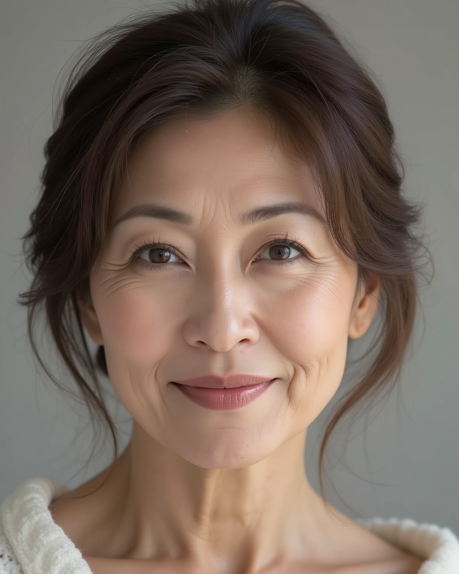 Japanese mature woman, solo, seductive aura, sensual expression, elegant and confident, soft lighting, visible wrinkles around eyes and mouth, natural aging signs, age 70s, realistic skin texture, slight sagging skin, high detail, photorealistic, studio portrait, age-appropriate hairstyle, natural look