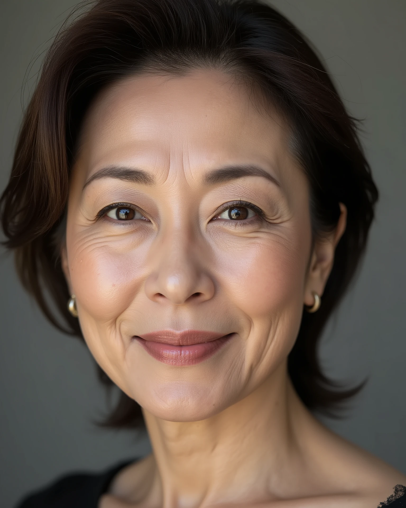 Japanese mature woman, solo, seductive aura, sensual expression, elegant and confident, soft lighting, visible wrinkles around eyes and mouth, natural aging signs, age 70s, realistic skin texture, slight sagging skin, high detail, photorealistic, studio portrait, age-appropriate hairstyle, natural look