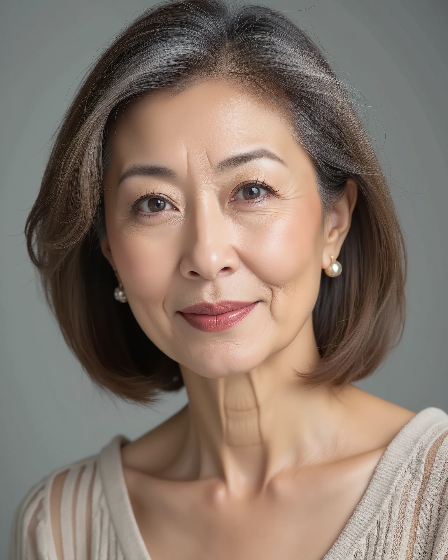 Japanese mature woman, solo, seductive aura, sensual expression, elegant and confident, soft lighting, visible wrinkles around eyes and mouth, natural aging signs, age 70s, realistic skin texture, slight sagging skin, high detail, photorealistic, studio portrait, age-appropriate hairstyle, natural look