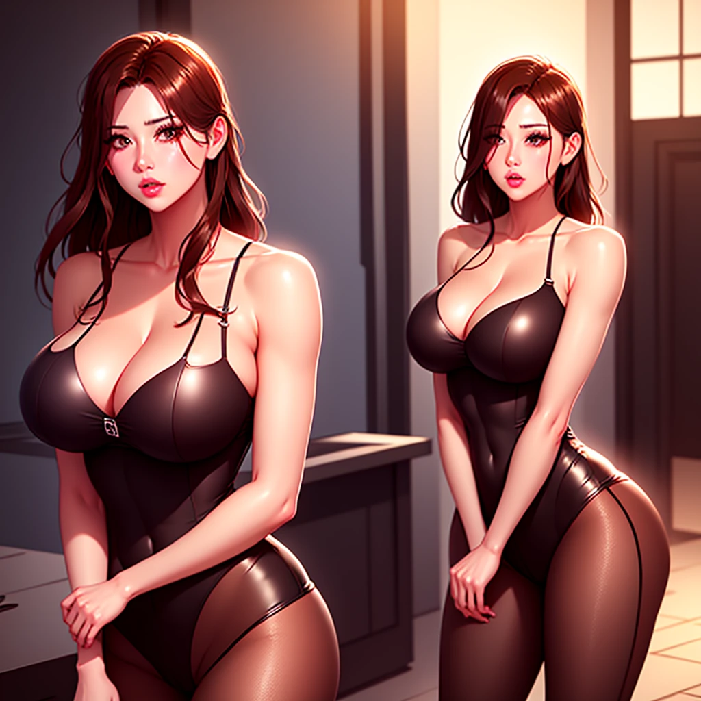 Lucy Pinder, portrait, face portrait, smiling, voluptuous, red lips, cleavage, straight hair, brown hair, long hair, black jumpsuit, fishnet panties, tie,  ears headband, ((((huge muscles))))