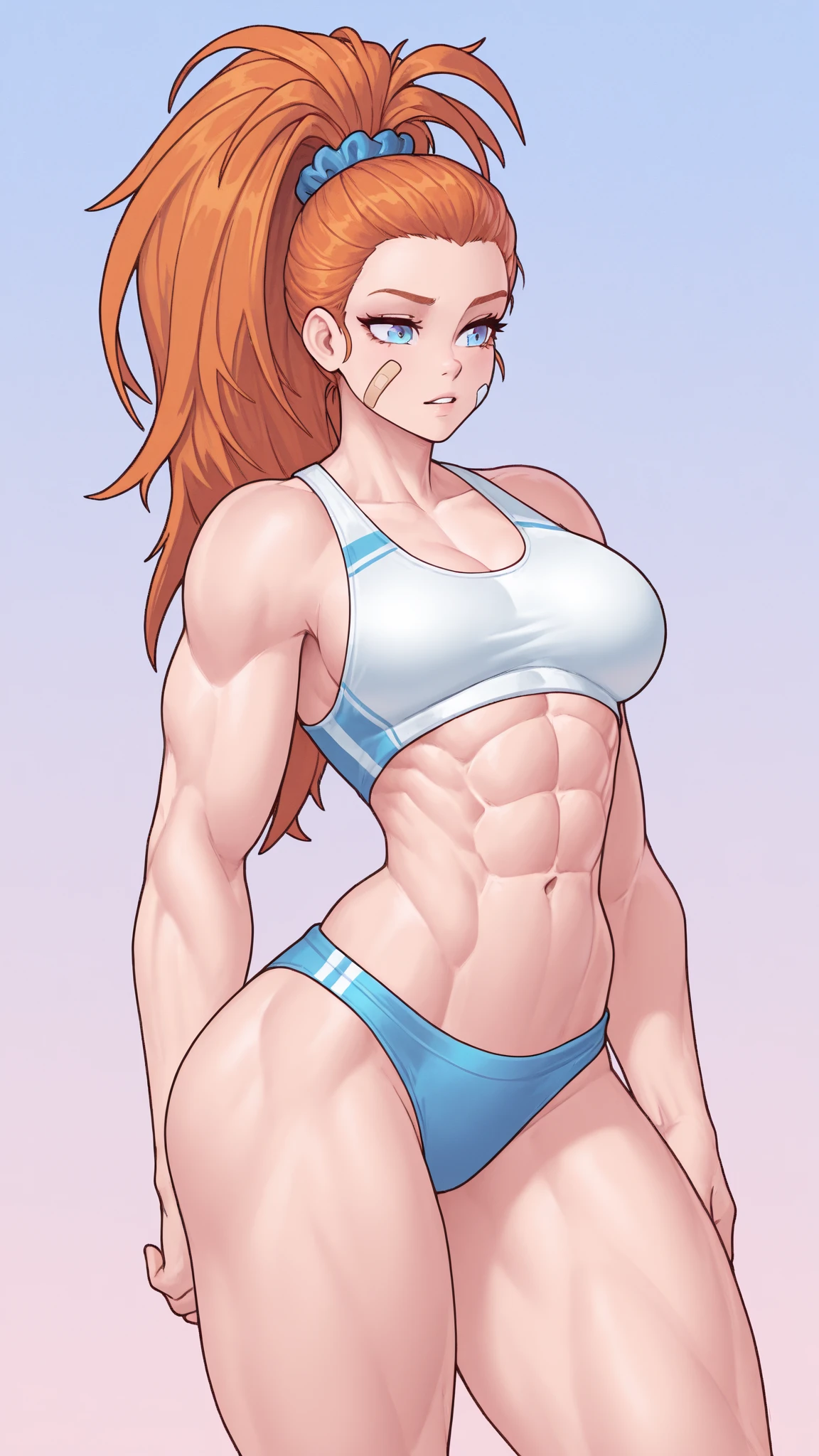 (1980s anime), Mature redhead with freckles, hair done up in a crown braid, ((tan skin)), yellow eyes, wearing a white skin tight tanktop, female abs, small waist, slim ????, lifting up tanktop, clothes lift, lifted by self, exposed underboob, ?????????????, ?????? bulge, ??????? almost exposed, covered ???????, almost exposed, looking at viewer, ??????, full back panties with ??????????? thigh highs, outdoors, night sky