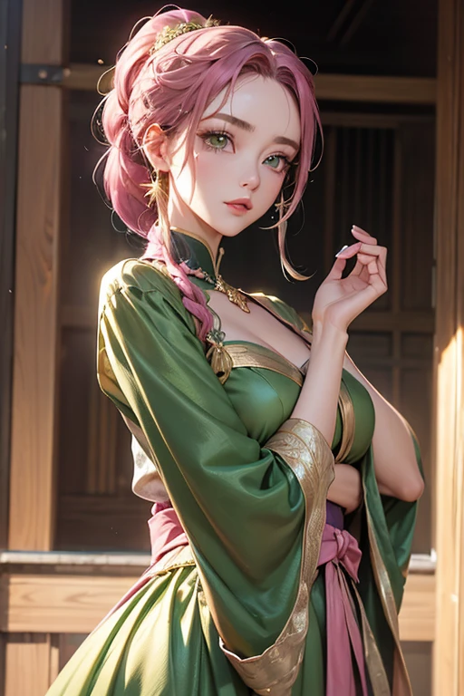 photorealistic, high resolution, soft light,1women, solo, ???? up, (detailed face), nami \(one piece\), tattoo, jewelry,Pink and green hair, Colored eyes, kimono, MitsuriDS, muscle