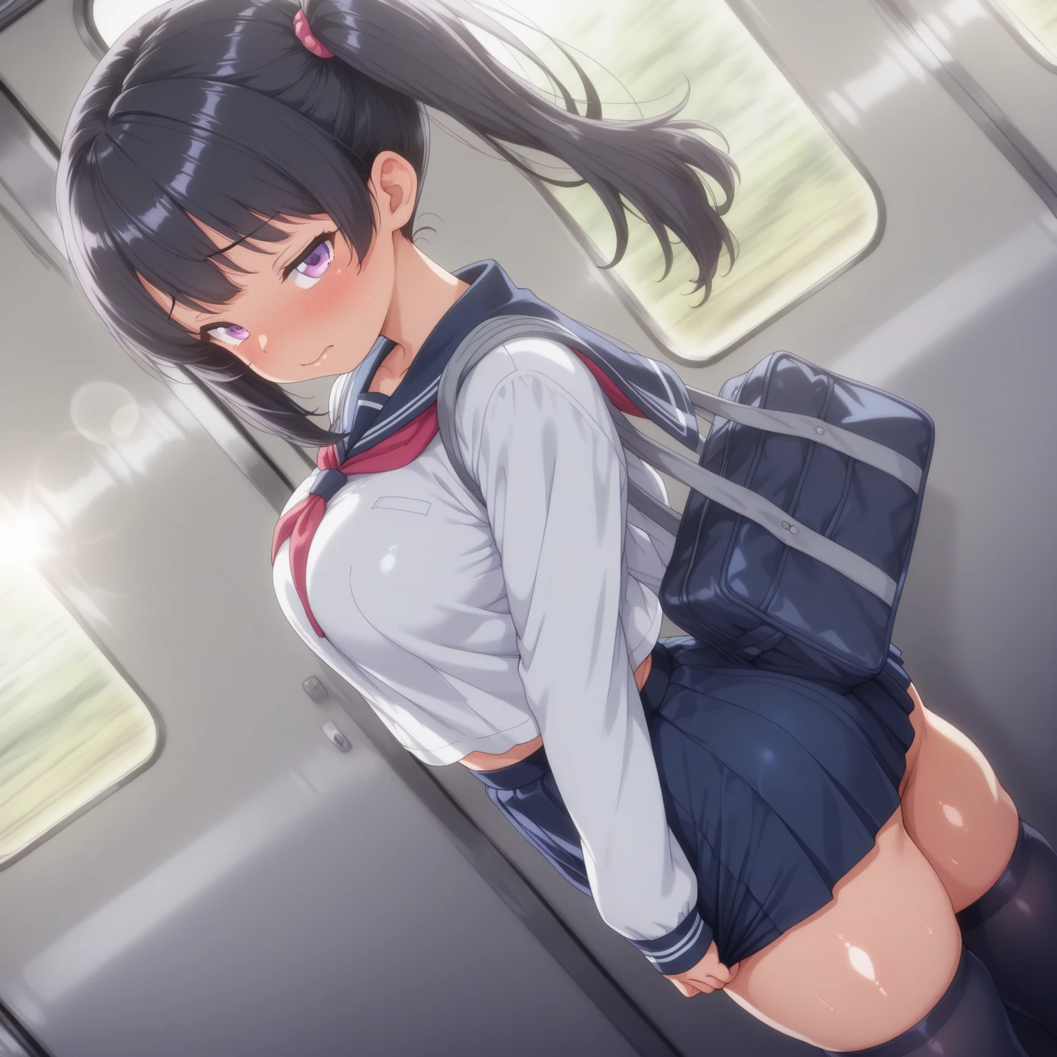 pieces fly、masterpiece、highest quality、Super detailed、High resolution、High resolution、8K portrait、Unity 8k壁紙のHigh resolutionCG、unity 8k wallpaper、cute type little:1.5、:1.5、Highly detailed CG unity 8k wallpaper、realistic、real person、cute type little、 portrait photography、shiny skin、High resolution、(16 years old:1.2)、(1 girl)、beautiful clear eyes、very detailed explanation、delicate face、nice lips、slender body、Same with ??????????? thin waist、thin legs、(on the train:1.6)、1 girl, cute type, perfect face, seriously, (blush:1.5),(golden hair ponytail:1.2),((there are many people nearby:1.4)),Same with ???????????,((school uniform:1.2)),(((clothing lift:1.5))), (((I have ???????))), Detailed description ??????,show ??????,???????????,spread ,((?????? in the ??????:1.5))