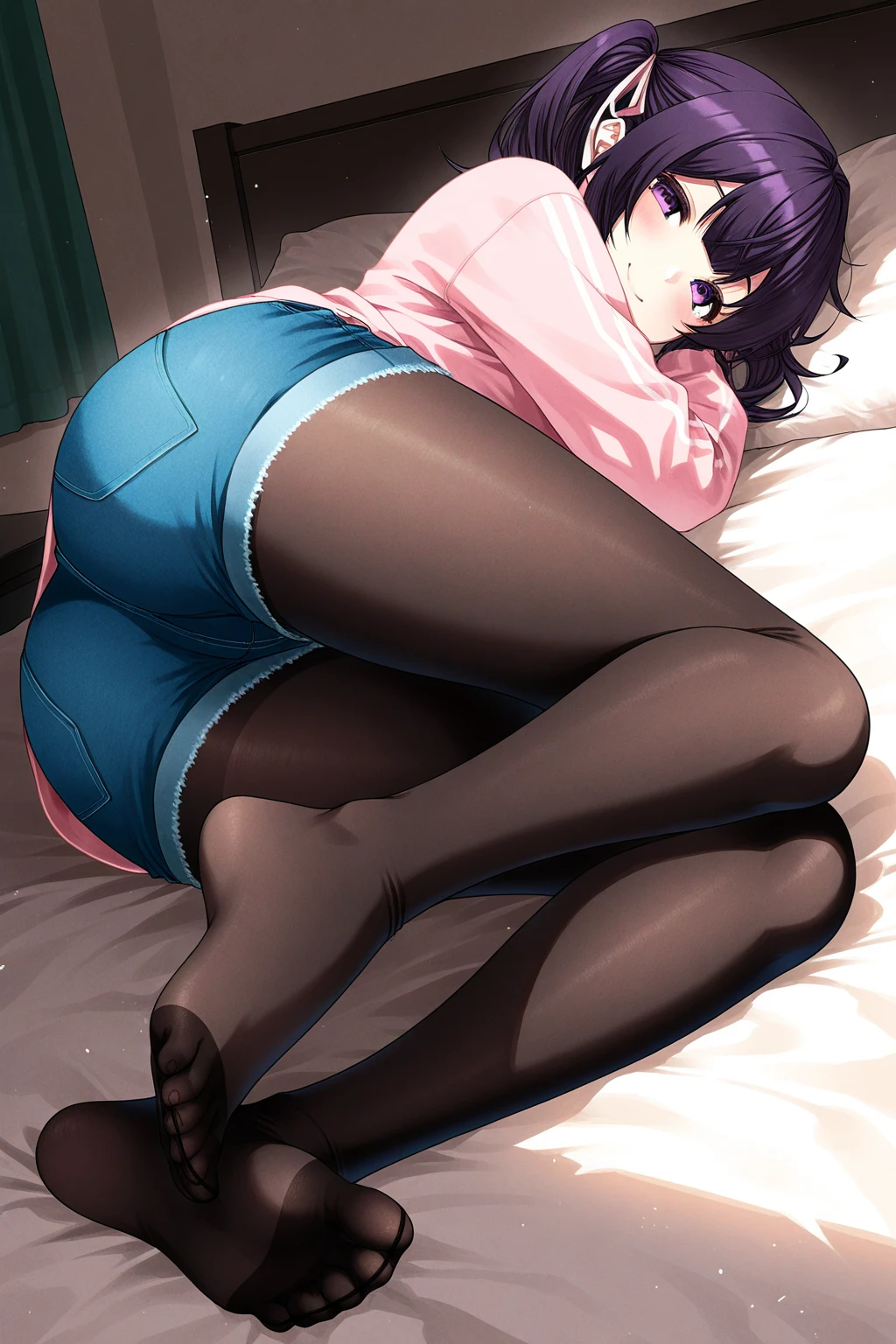 masterpiece, best quality, best angle, amazing quality, best resolution, <lora:EllenJoe:0.6>,  solo, 1girl, shark girl , Ellen Joe, zenless zone zero characters, zenless zone zero 1girl, solo, short hair, skirt, shirt, black hair, hair ornament, tail, closed eyes, white shirt, pantyhose, lying, indoors, virtual youtuber, black skirt, pillow, black pantyhose, bed, on bed, on side, sleeping, fish tail, shark tail
<lora:illustrious_best_quality_v1:0.8>, <lora:xmc_v0.3_noobai_cwhj:0.8>,