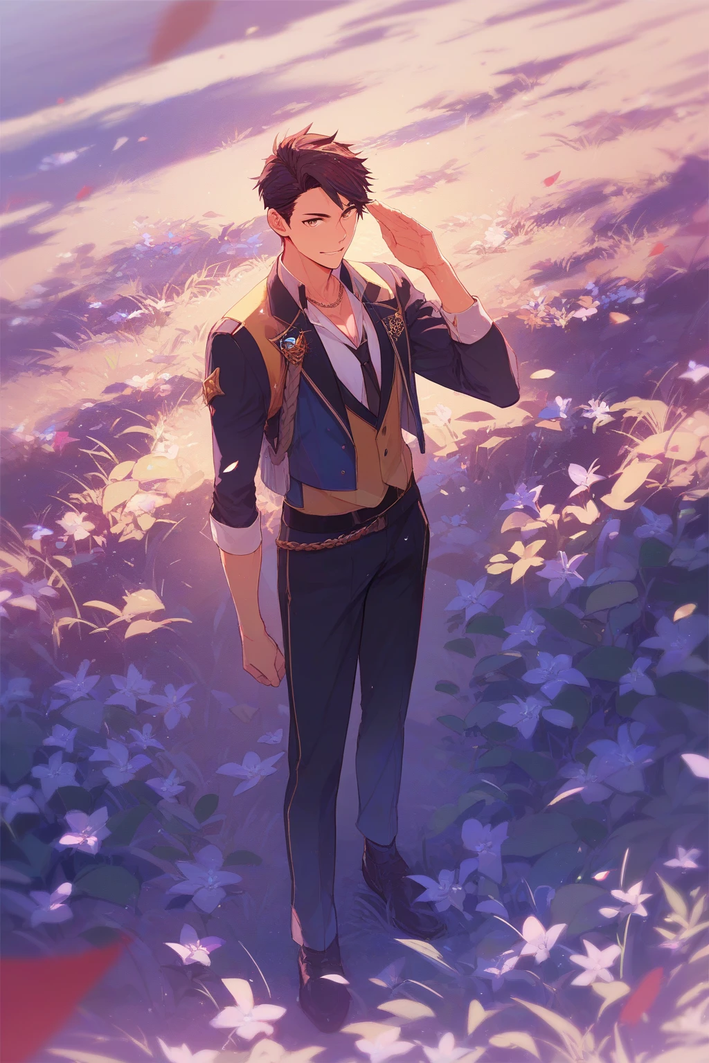 masterpiece,best quality,high quality,(1 male austere handsome solo adult age 30 years old:1.5), purple eyes, cool with suspended eyes, V-shaped eyebrows, body strong and fearless 8.5 head tall, height 185cm, (well-groomed black short hair down to neck:1.4), (bangs 7 thirds parted:1.4), slender nose,  muscles, throat, (pants with summer flower prints summer fashion:1.3), (holding a bouquet of summer flowers), (stylish pose), (fearless smile:1.3), (background summer flower field:1.3), (Night Sky:1.3)