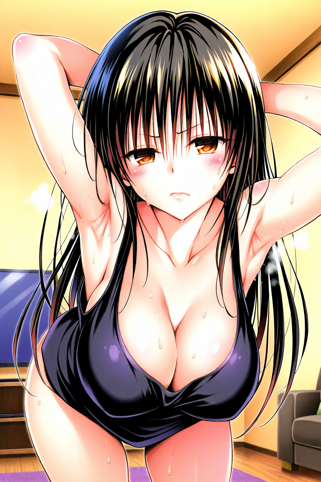 (missionary, pov:1.5), (masutepiece, Best Quality, High resolution, anime colours, megami magazine:1.2, anime poster style, anime keyvisual, sharp, 8k, photorealistic), (beautiful eyes:1.5, beautiful face), Kotegawa Yui, 1girl, solo, Cute, blush, (Long Black Hair), (huge breasts:1.2), (yellow Bikini:1.2), (lying, on back, lie on bed:1.5), upper body:1.5, spread legs,  (Perfect detailed Anatomy, beautiful detailed hair, perfect detailed body:1.2, shiny skin), (thick outline, Beautiful outlines, black outlines), simple background