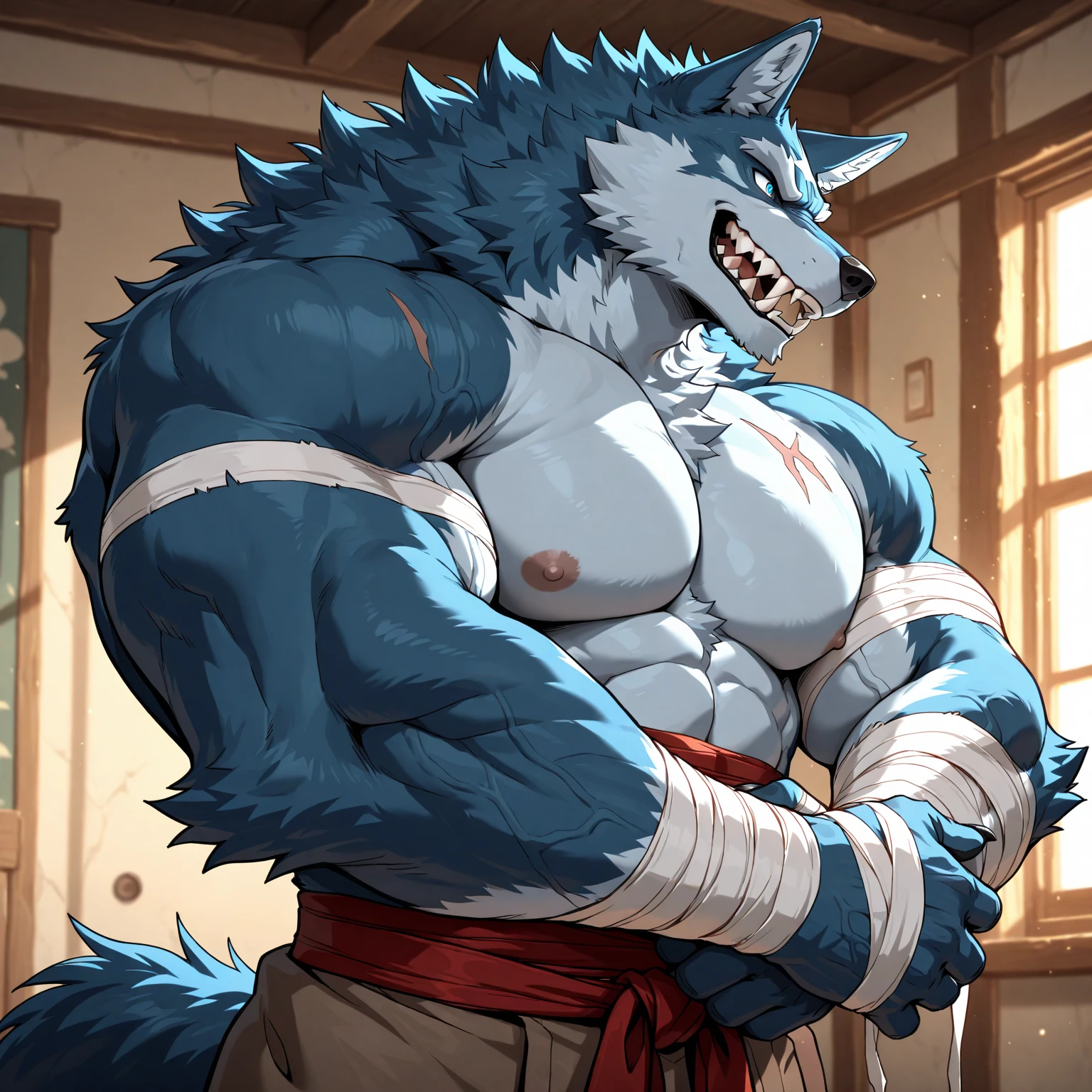 embedding:black wolf, male,purple eyes,Scar on the face, scar on the body,Single person,The fur on the chest and abdomen is white,fundoshi,Sitting by the hot spring.Wet body,High quality background,The highest quality of scene detail,adult,Tall and powerful,muscle，Best quality hands, best quality eye，detailed fur，Delicate eyes.Extreme picture quality，by sollyz,by zixiong,by milkytiger1145