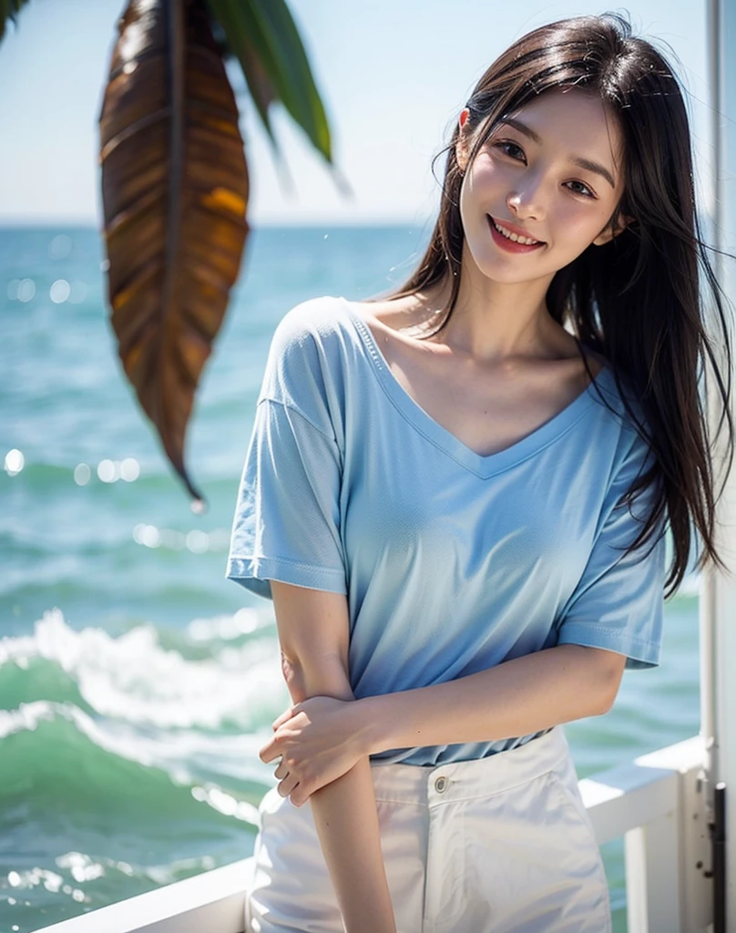 Tabletop、(Highest quality、4K、8K、High resolution、Masterpiece: 1.2)、Super detailed、(Real、Photorealistic、Photorealistic: 1.37)、Full Body Shot、Complex and beautiful eyes、woman、long hair、Natural color lip、whiteＴshirt、Bold and sexy pose、smile、Ocean、20 year old girl、A cute and sexy shot looking straight at the camera。