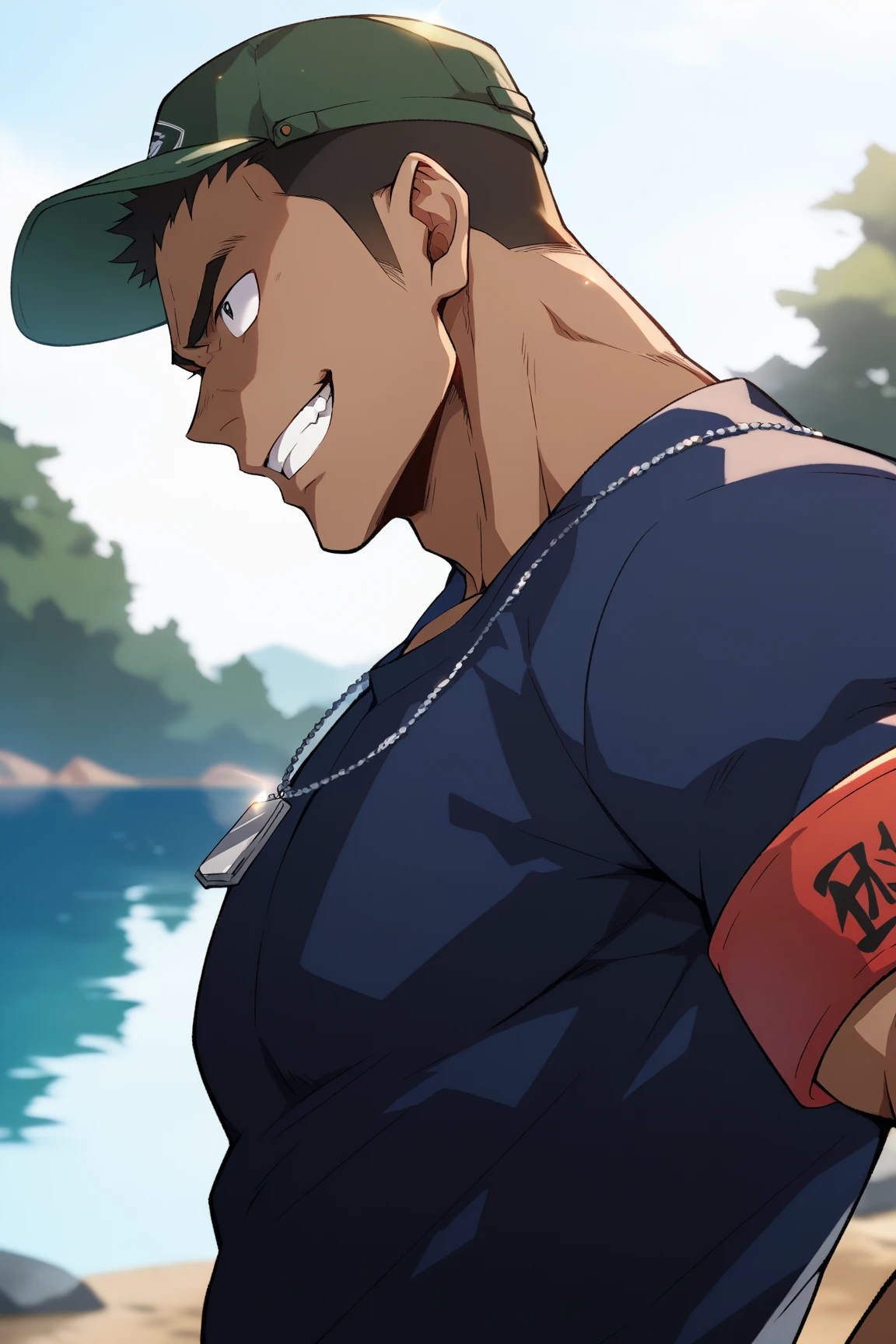 Muscular boy with black beanie hat and medium brown hair splashing  coming out of his 
 